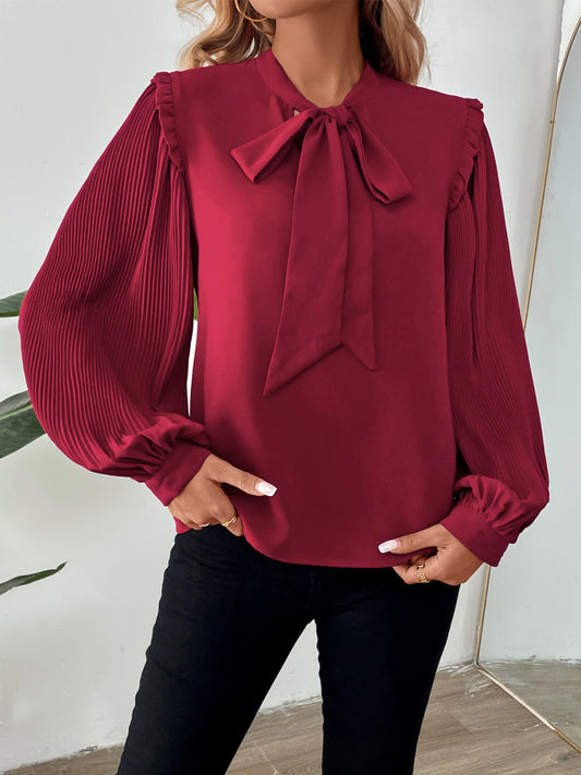 Pleated Long Sleeve Bow Tie Neck Burgundy Women's Blouse