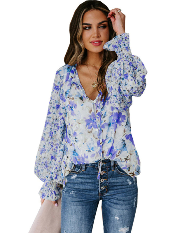 Blue Zone Planet | Loose Floral Pattern Lantern Sleeve Top BLUE ZONE PLANET