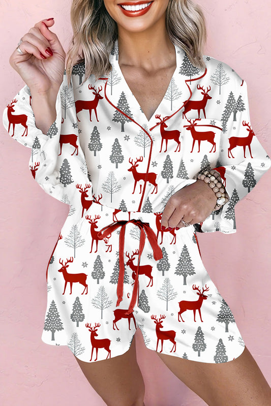 White Christmas Reindeer Print Knot Shorts Pajama Set-Loungewear Set-[Adult]-[Female]-White-L-2022 Online Blue Zone Planet