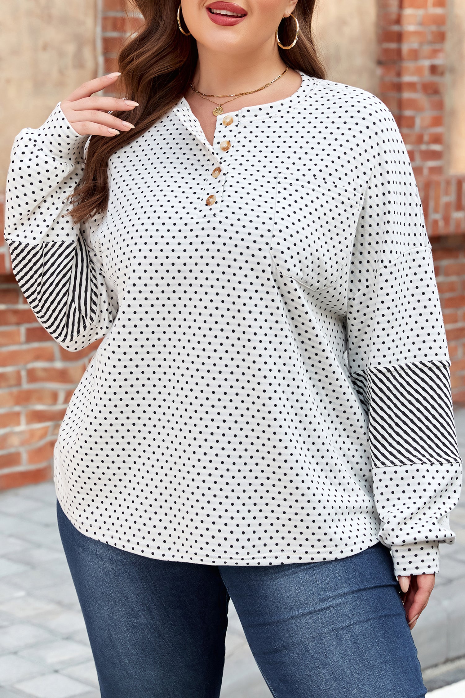 Beige Plus Size Dot Print Striped Patchwork Long Sleeve Henley Top-Plus Size/Plus Size Tops/Plus Size Blouses & Shirts-[Adult]-[Female]-2022 Online Blue Zone Planet