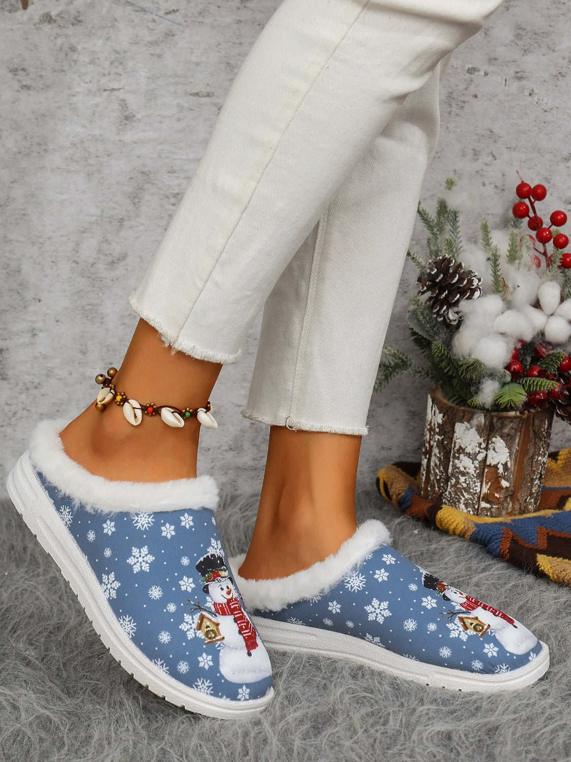 Snowman Print Flat Slippers with Faux Fur-SHOES-[Adult]-[Female]-2022 Online Blue Zone Planet