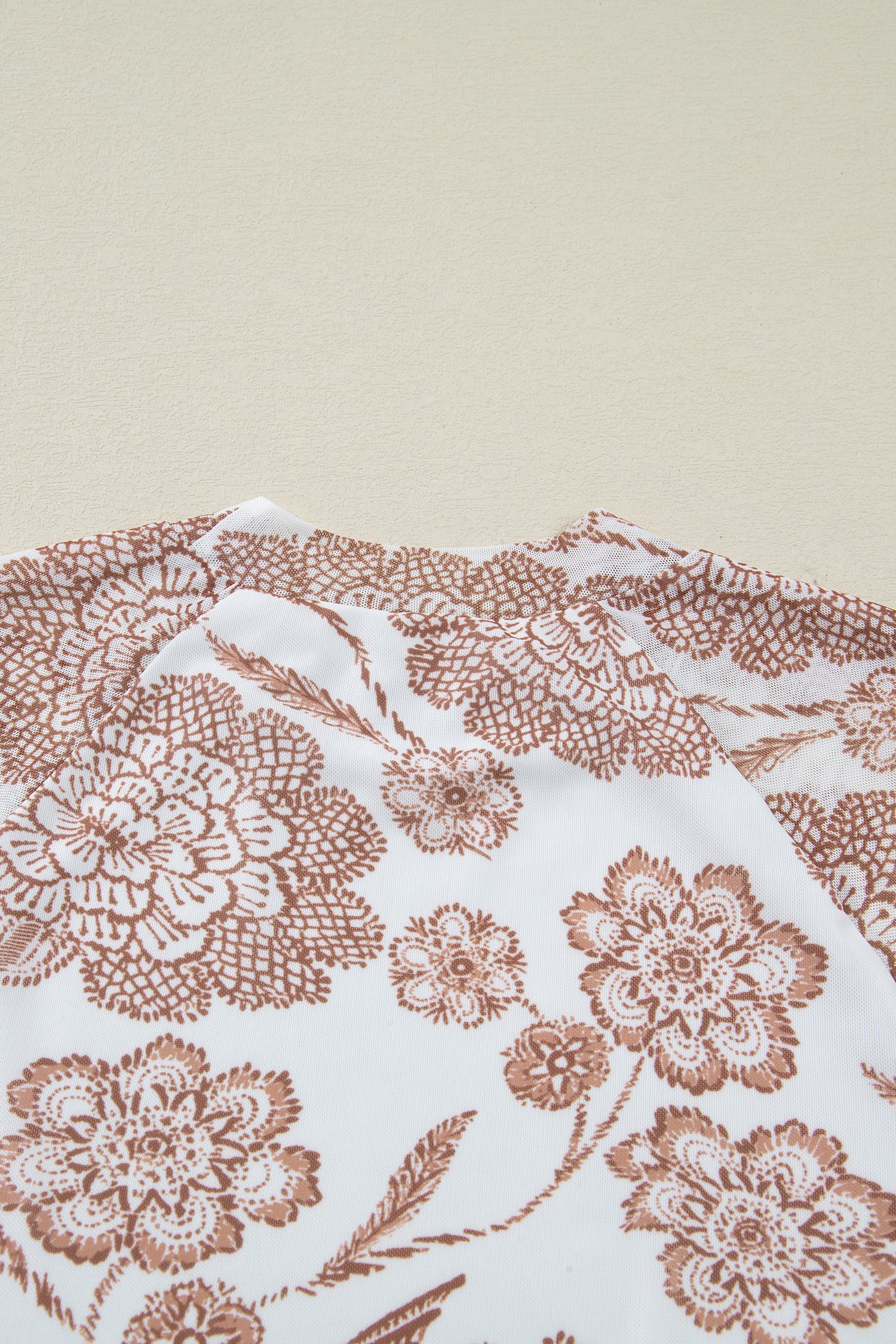 Brown Thumbhole Long Sleeve Floral Print Mesh Top-Tops/Long Sleeve Tops-[Adult]-[Female]-2022 Online Blue Zone Planet