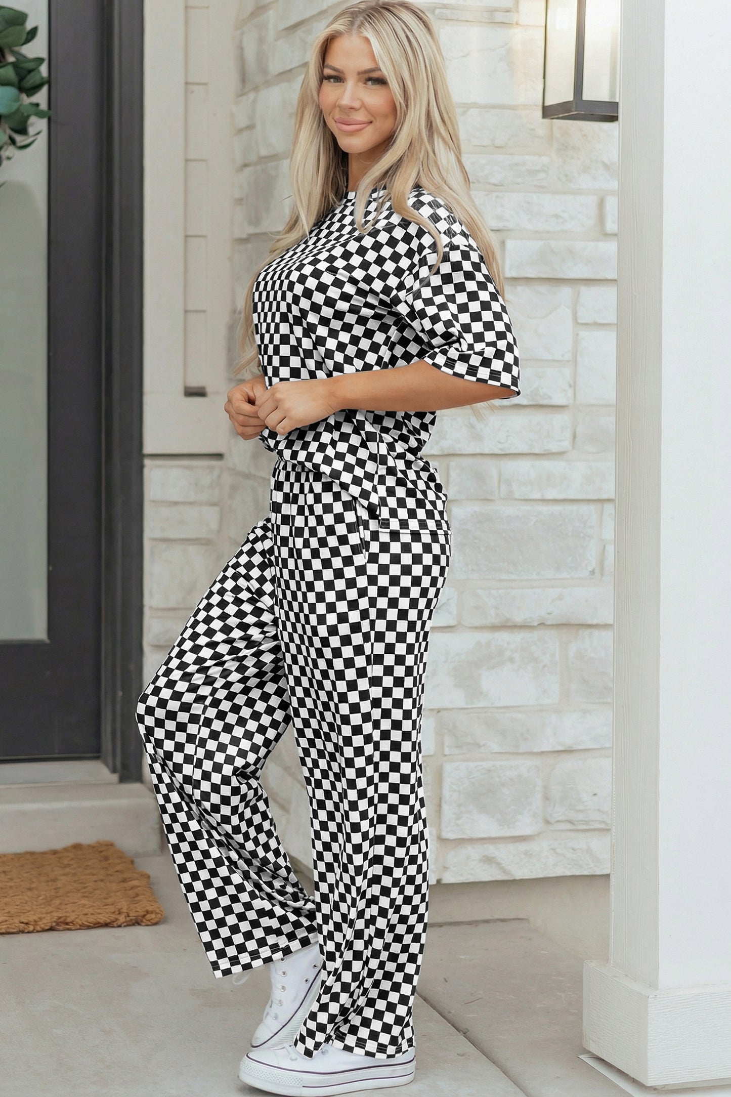 Black Checkered Print Half Sleeve Tee 2pcs Lounge Pant Set-Loungewear & Sleepwear/Loungewear-[Adult]-[Female]-2022 Online Blue Zone Planet