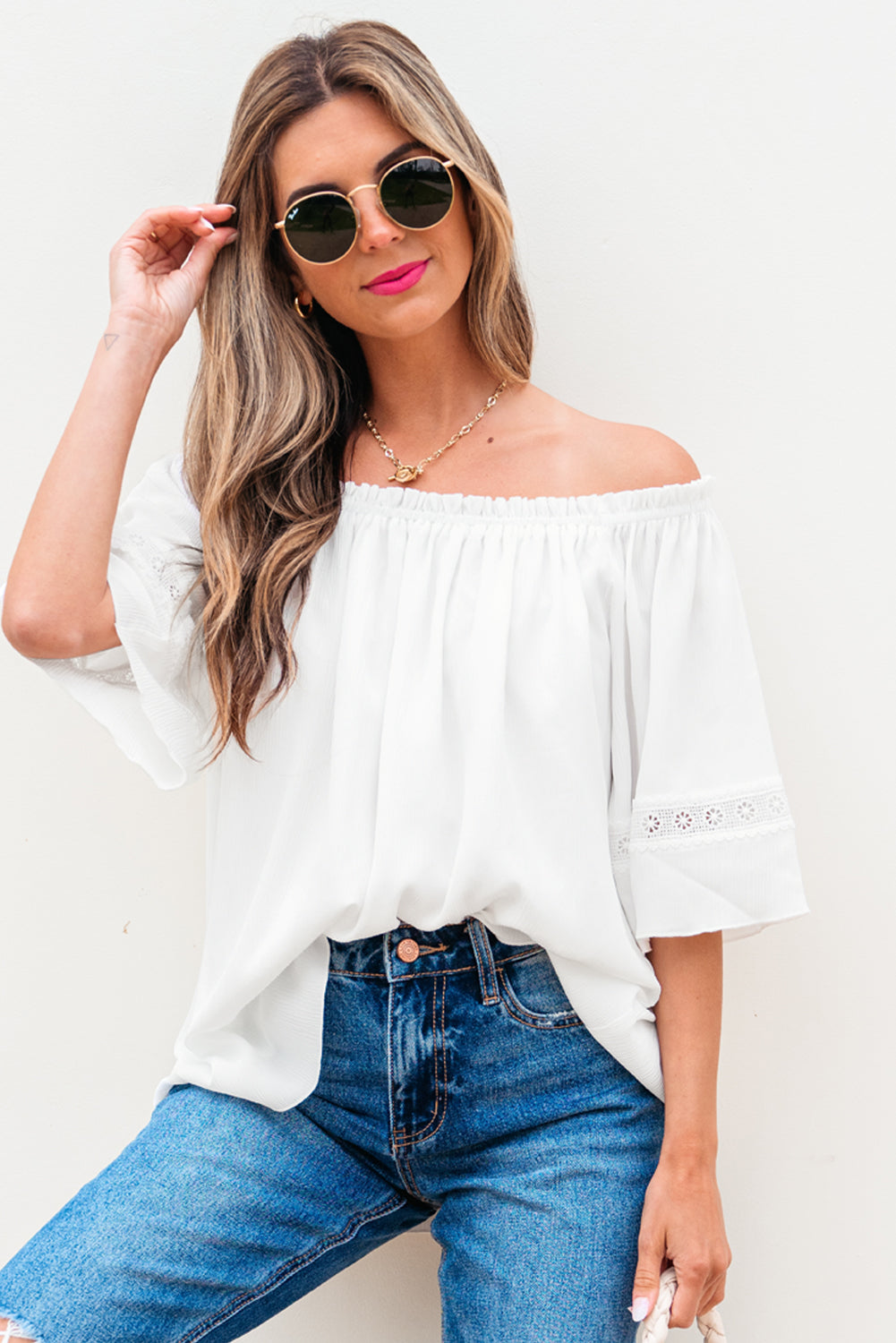 White Frilly Off Shoulder Lace Insert Sleeve Textured Blouse-Tops/Blouses & Shirts-[Adult]-[Female]-2022 Online Blue Zone Planet