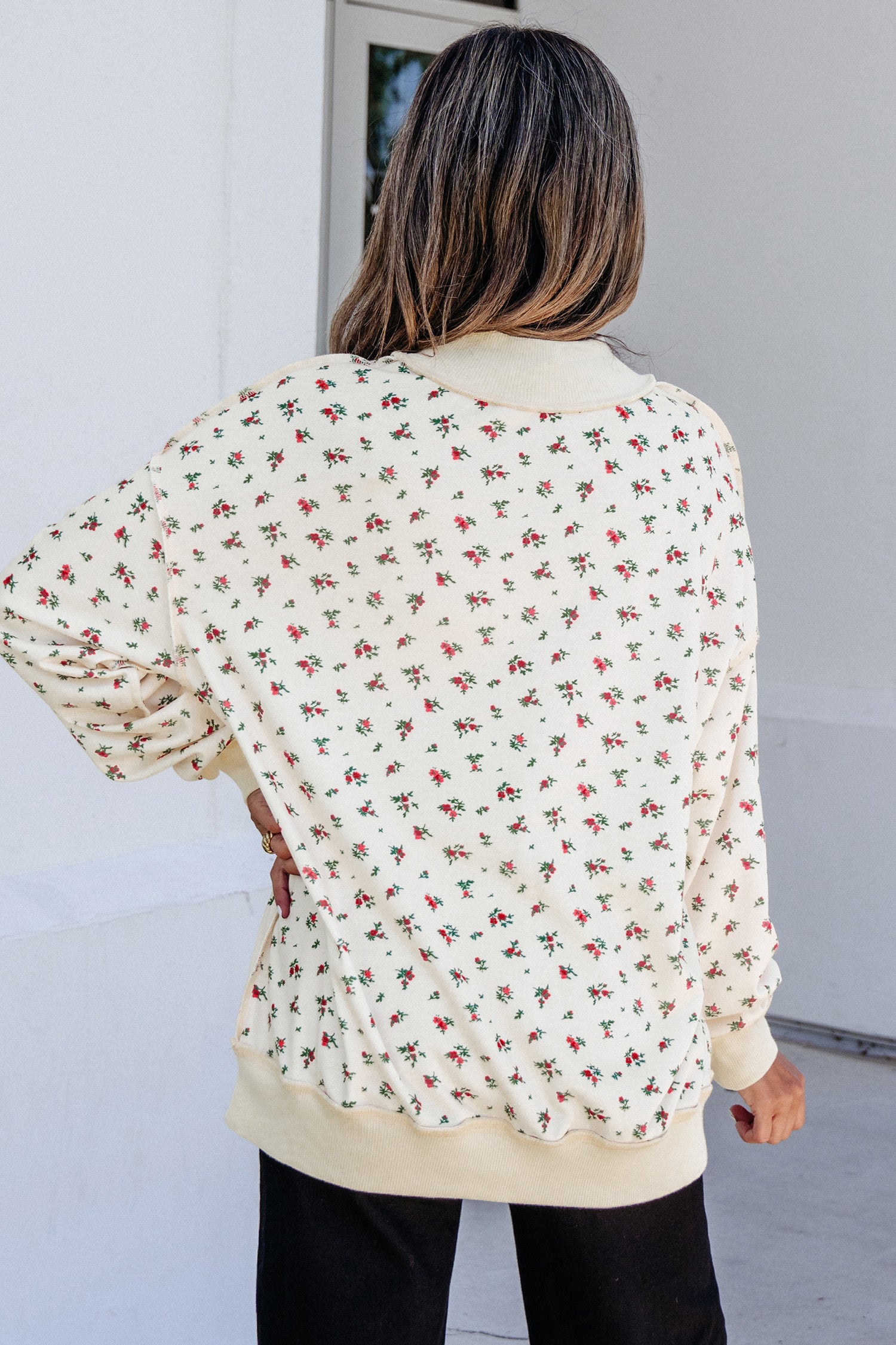 Beige Ribbed High Neck Patchwork Floral Print Baggy Pullover Sweatshirt-Tops/Sweatshirts & Hoodies-[Adult]-[Female]-2022 Online Blue Zone Planet
