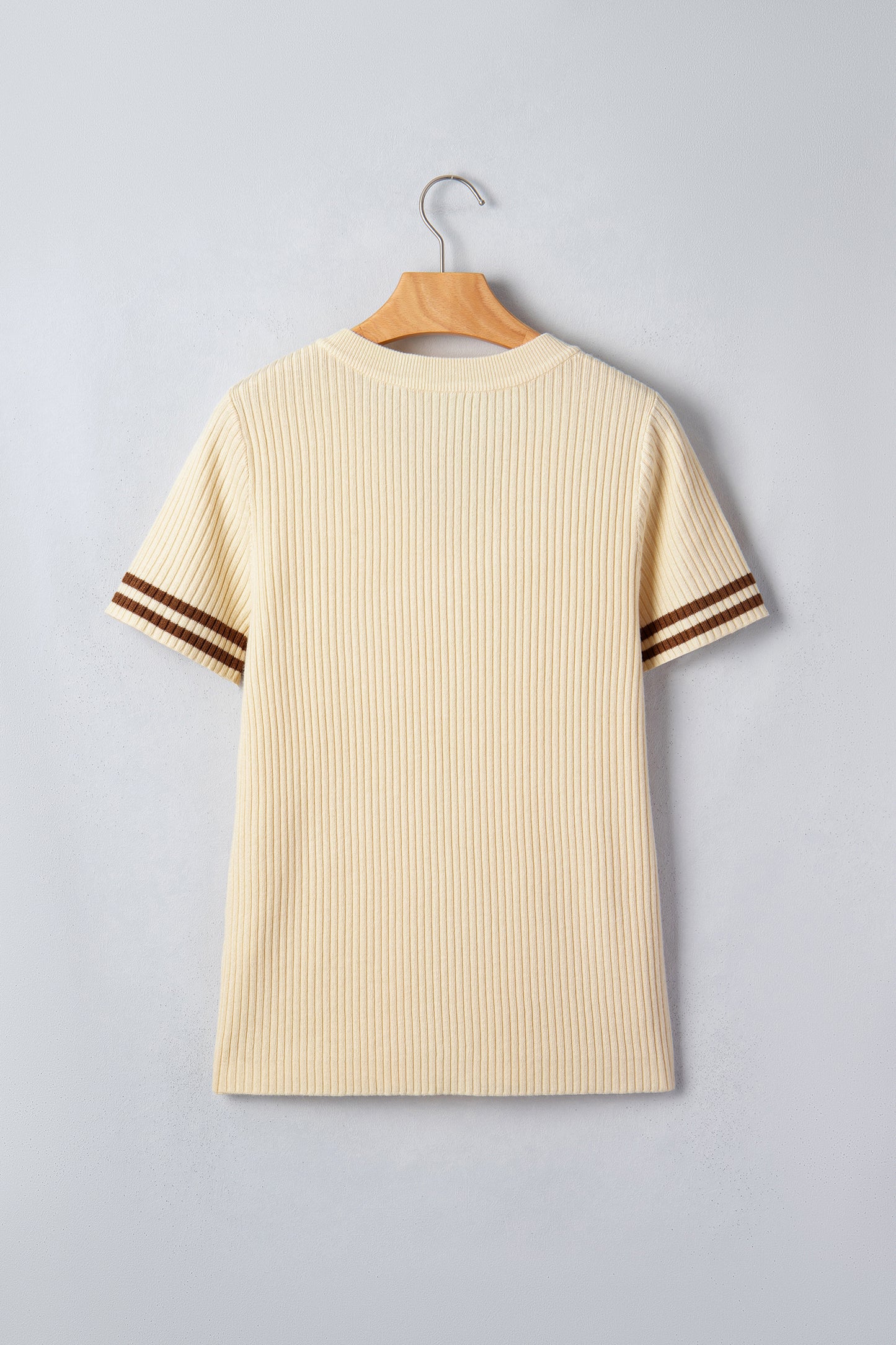 Apricot V Neck Ribbed Knit Striped Trim Short Sleeve Sweater-Sweaters & Cardigans/Short Sleeve Sweaters-[Adult]-[Female]-2022 Online Blue Zone Planet