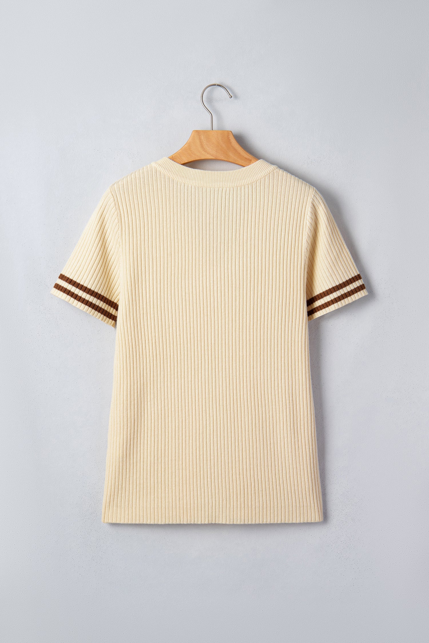 Apricot V Neck Ribbed Knit Striped Trim Short Sleeve Sweater-Sweaters & Cardigans/Short Sleeve Sweaters-[Adult]-[Female]-2022 Online Blue Zone Planet