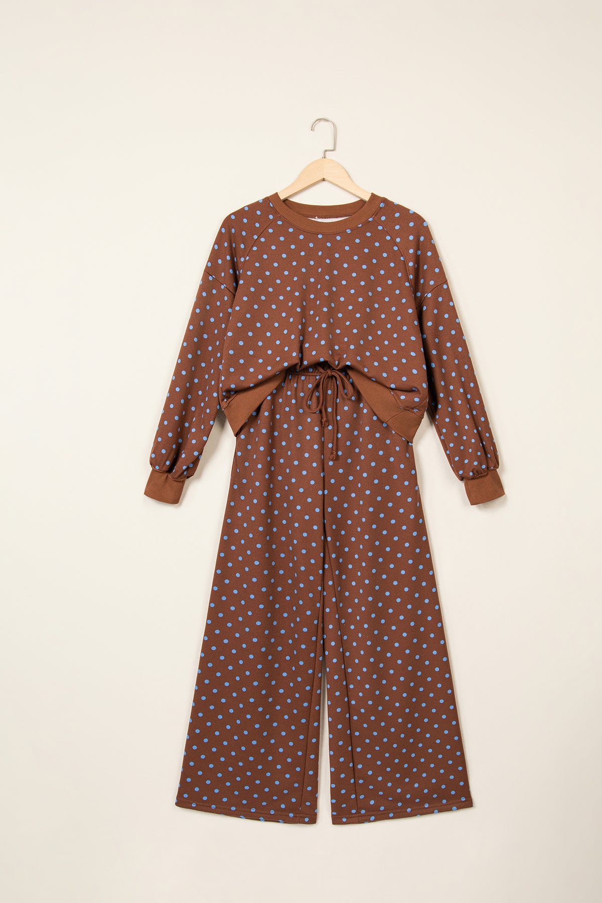 Brown Polka Dot Drawstring Wide Leg Long Sleeve Top Pant Set-Two Piece Sets/Pant Sets-[Adult]-[Female]-2022 Online Blue Zone Planet