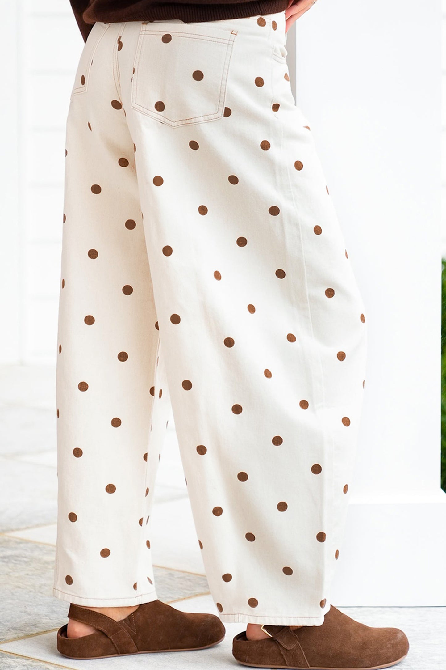 Beige Polka Dot Print Plus Size Barrel Jeans-Plus Size/Plus Size Bottoms-[Adult]-[Female]-2022 Online Blue Zone Planet