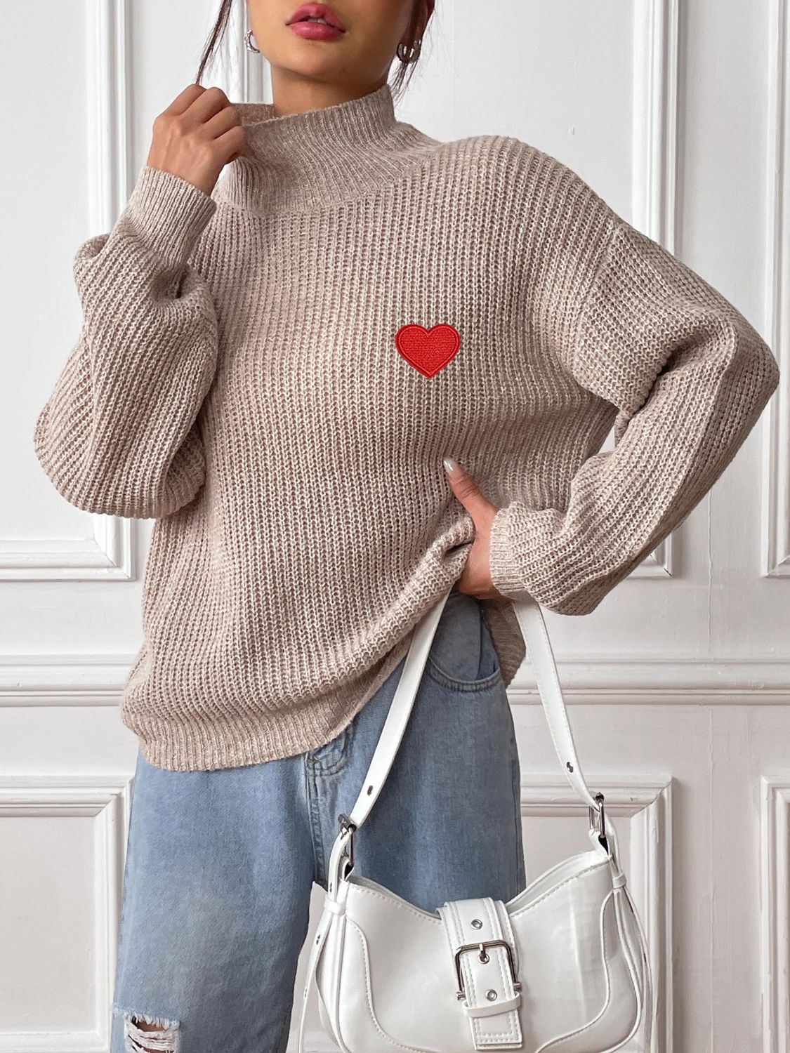 Heart Turtleneck Dropped Shoulder Long Sleeve Sweater-TOPS / DRESSES-[Adult]-[Female]-2022 Online Blue Zone Planet