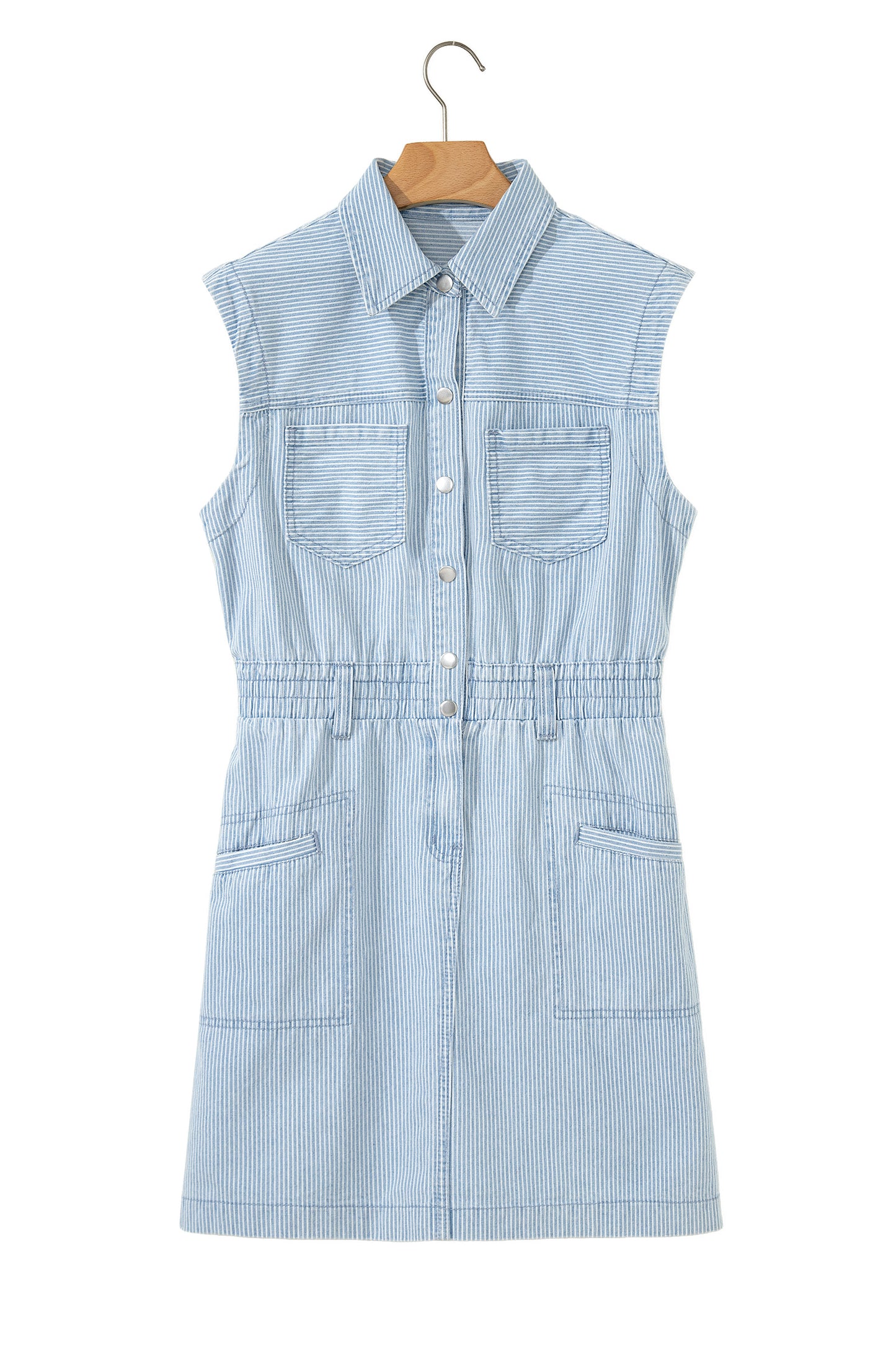 Sky Blue Stripe Collared Button Front Sleeveless Denim Mini Dress-TOPS / DRESSES-[Adult]-[Female]-2022 Online Blue Zone Planet