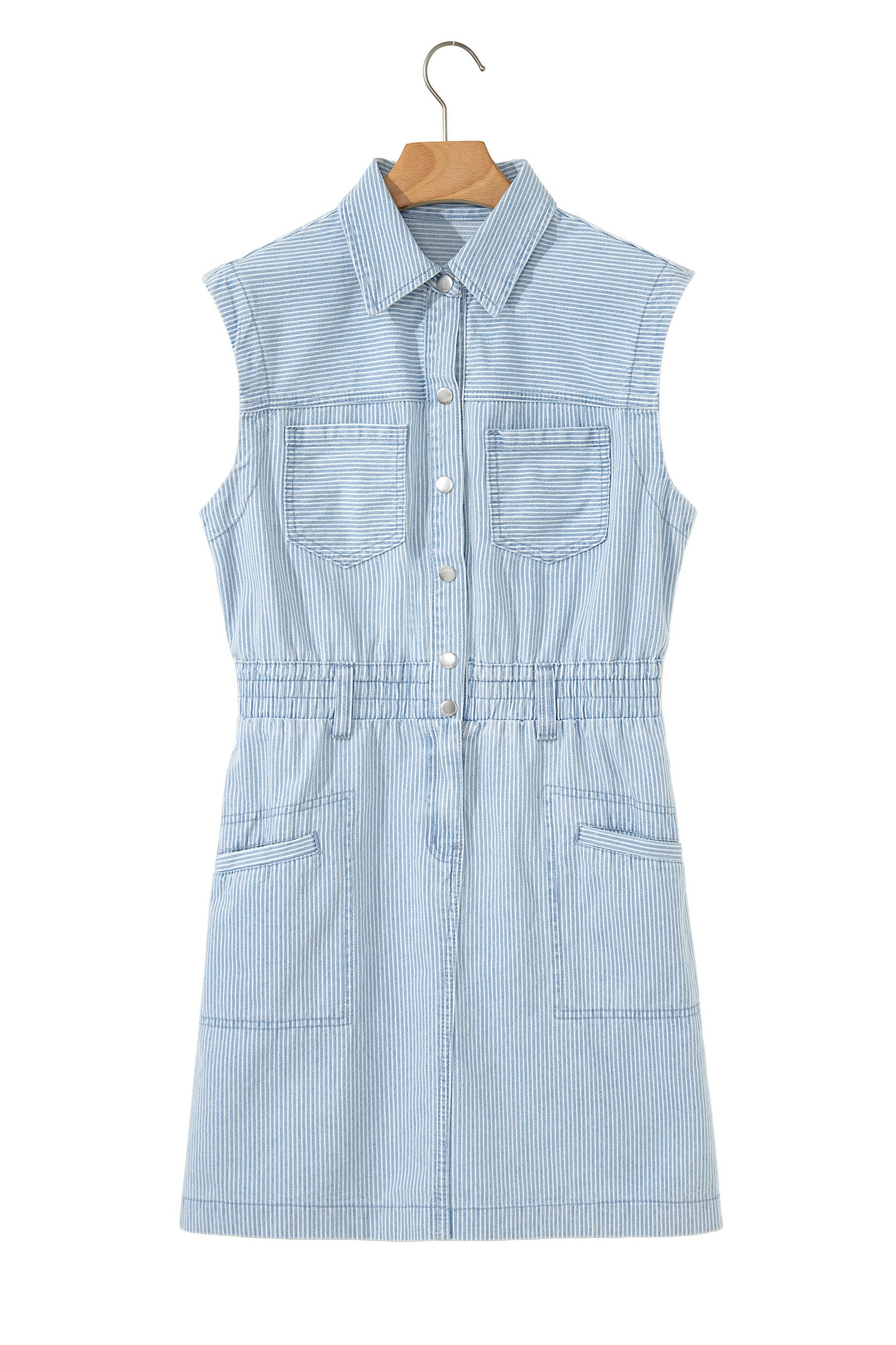 Sky Blue Stripe Collared Button Front Sleeveless Denim Mini Dress-TOPS / DRESSES-[Adult]-[Female]-2022 Online Blue Zone Planet