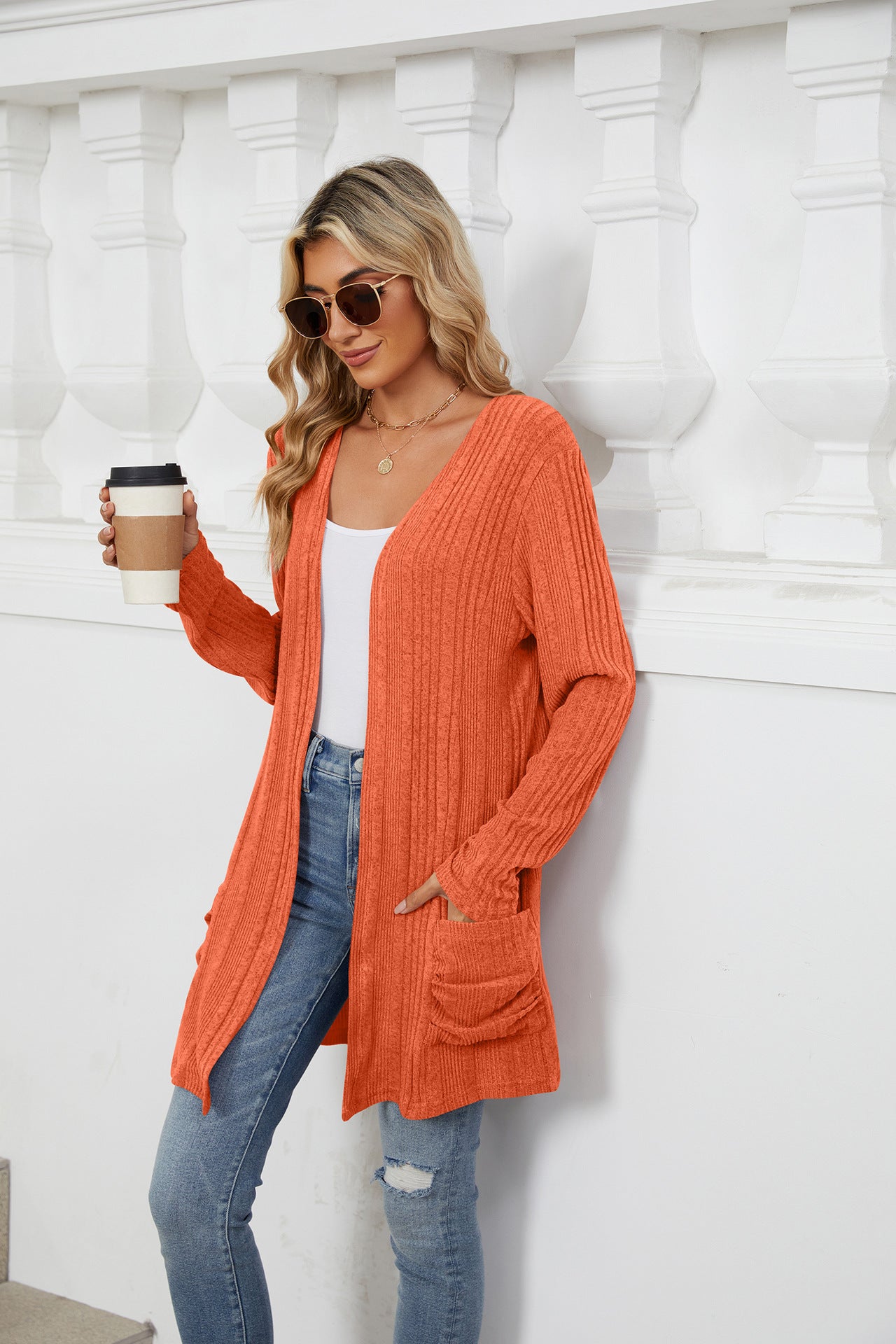 Blue Zone Planet | Pocketed Open Front Long Sleeve Cardigan-TOPS / DRESSES-[Adult]-[Female]-Orange-S-2022 Online Blue Zone Planet