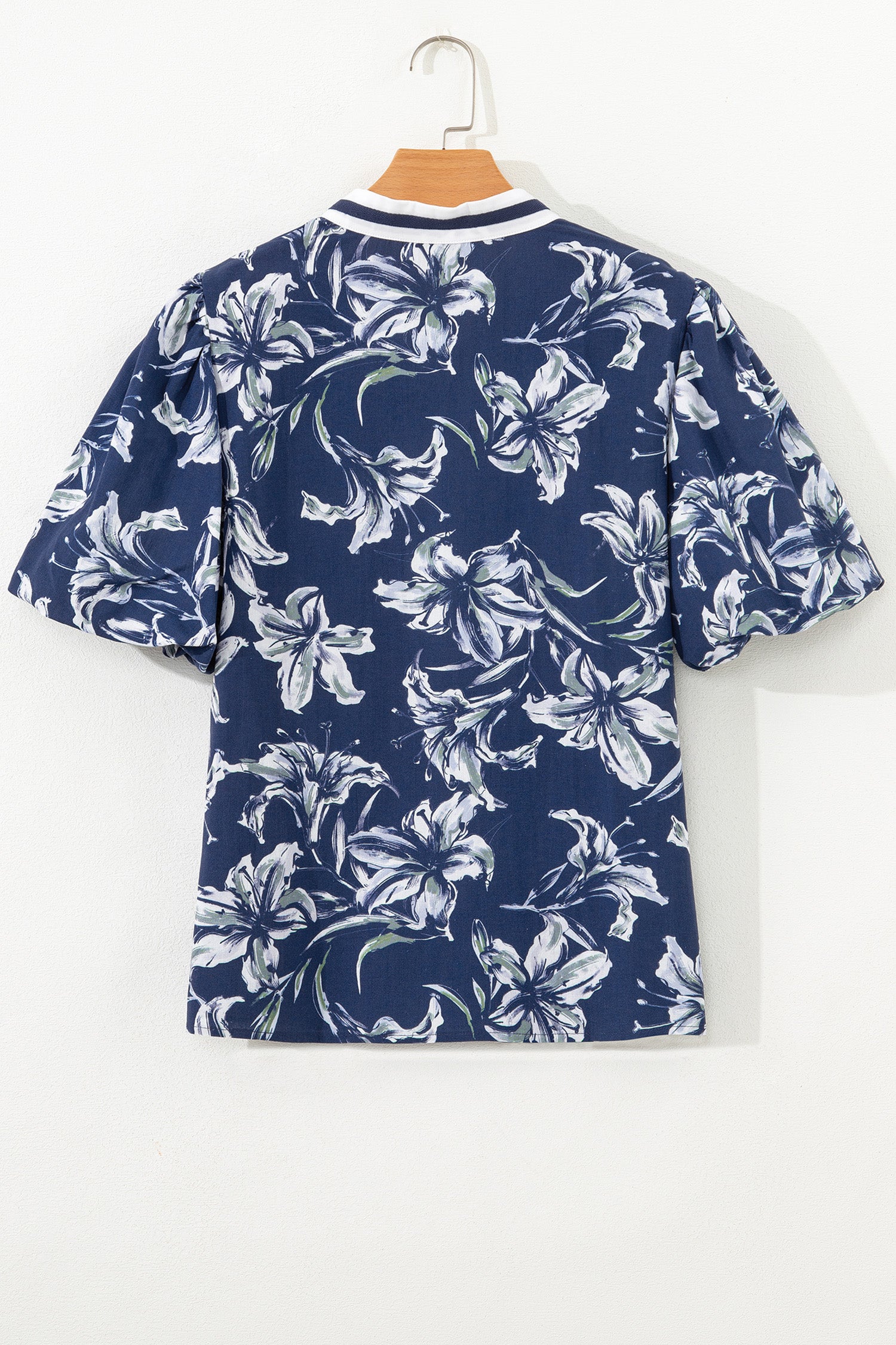 Blue Floral Print Short Puff Sleeve Striped Trim V Neck Blouse-Tops/Blouses & Shirts-[Adult]-[Female]-2022 Online Blue Zone Planet