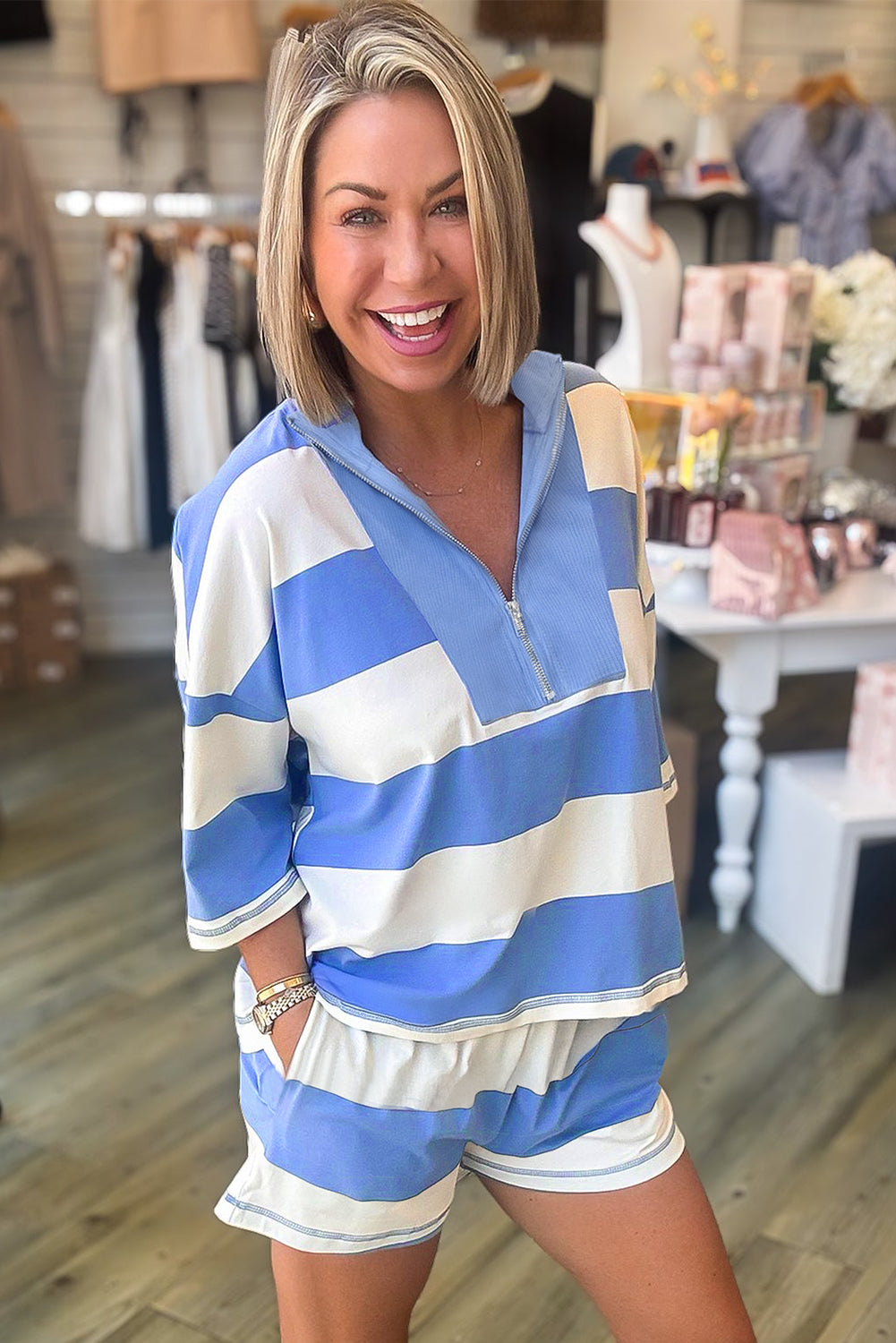 Sky Blue Stripe Seam Detail Half Zip Oversize Tee Casual Shorts 2pcs Set-Two Piece Sets/Short Sets-[Adult]-[Female]-2022 Online Blue Zone Planet