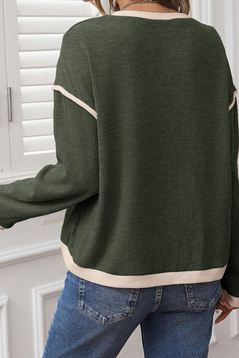 Four Leaf Clover Merry Patched Graphic Contrast Trim Christmas Knitted Long Sleeve Top-Graphic/Graphic Long Sleeve Tees-[Adult]-[Female]-2022 Online Blue Zone Planet