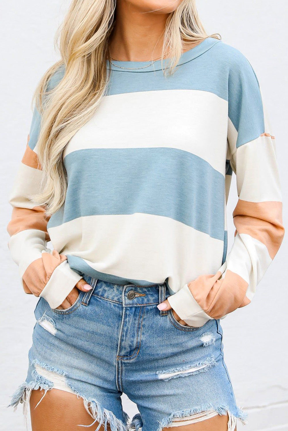 Rose Red Colorblock Striped Drop Shoulder Long Sleeve Top-Tops/Long Sleeve Tops-[Adult]-[Female]-Light Blue-S-2022 Online Blue Zone Planet