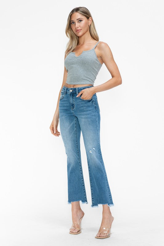 Blue Zone Planet | bytos Raw Hem Distressed Mid Rise Crop Jeans-BOTTOMS SIZES SMALL MEDIUM LARGE-[Adult]-[Female]-2022 Online Blue Zone Planet