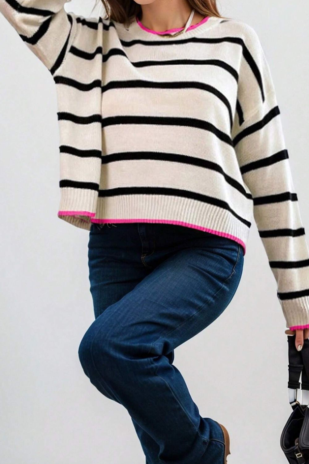 Striped Round Neck Drop Shoulder Sweater-TOPS / DRESSES-[Adult]-[Female]-2022 Online Blue Zone Planet