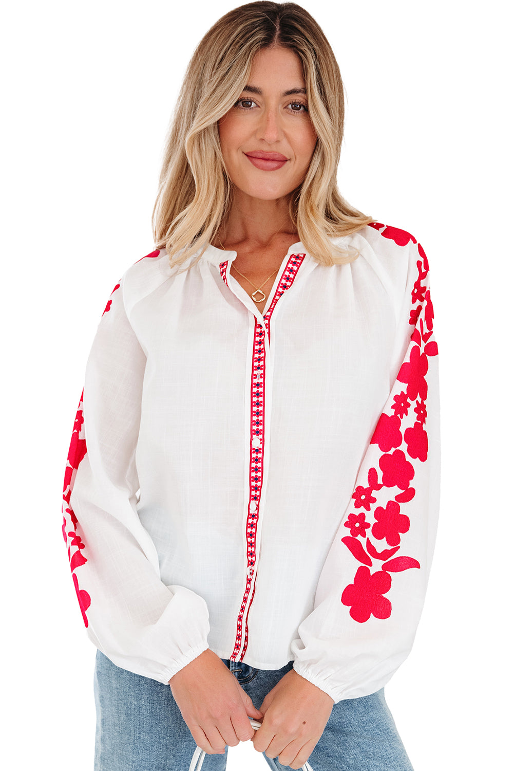 White Floral Embroidered Puff Long Sleeve Casual Shirt-Tops/Blouses & Shirts-[Adult]-[Female]-2022 Online Blue Zone Planet