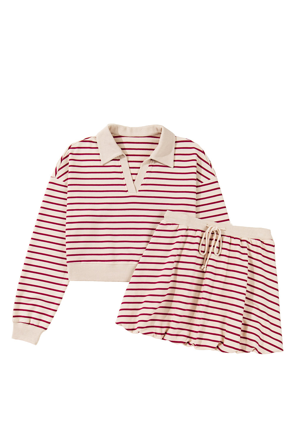 Red Stripe Cropped Collared Drop Shoulder Pullover And Bubble Mini Skirt Set-Two Piece Sets/Two Piece Dresses-[Adult]-[Female]-2022 Online Blue Zone Planet