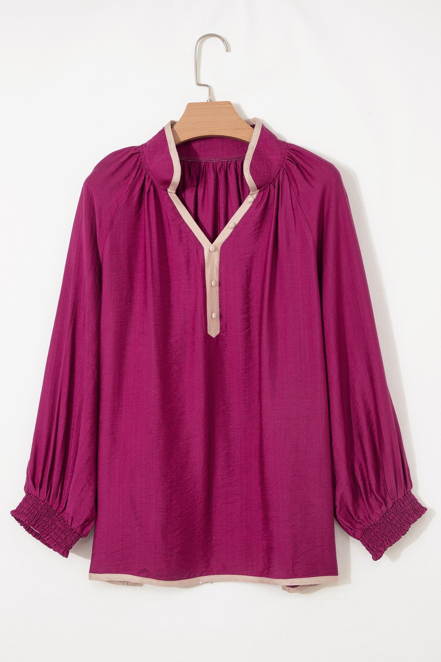 Wild Ginger Plus Size Contrast Trim Button V Neck Puffy Bracelet Sleeve Blouse-Bracelet-[Adult]-[Female]-2022 Online Blue Zone Planet