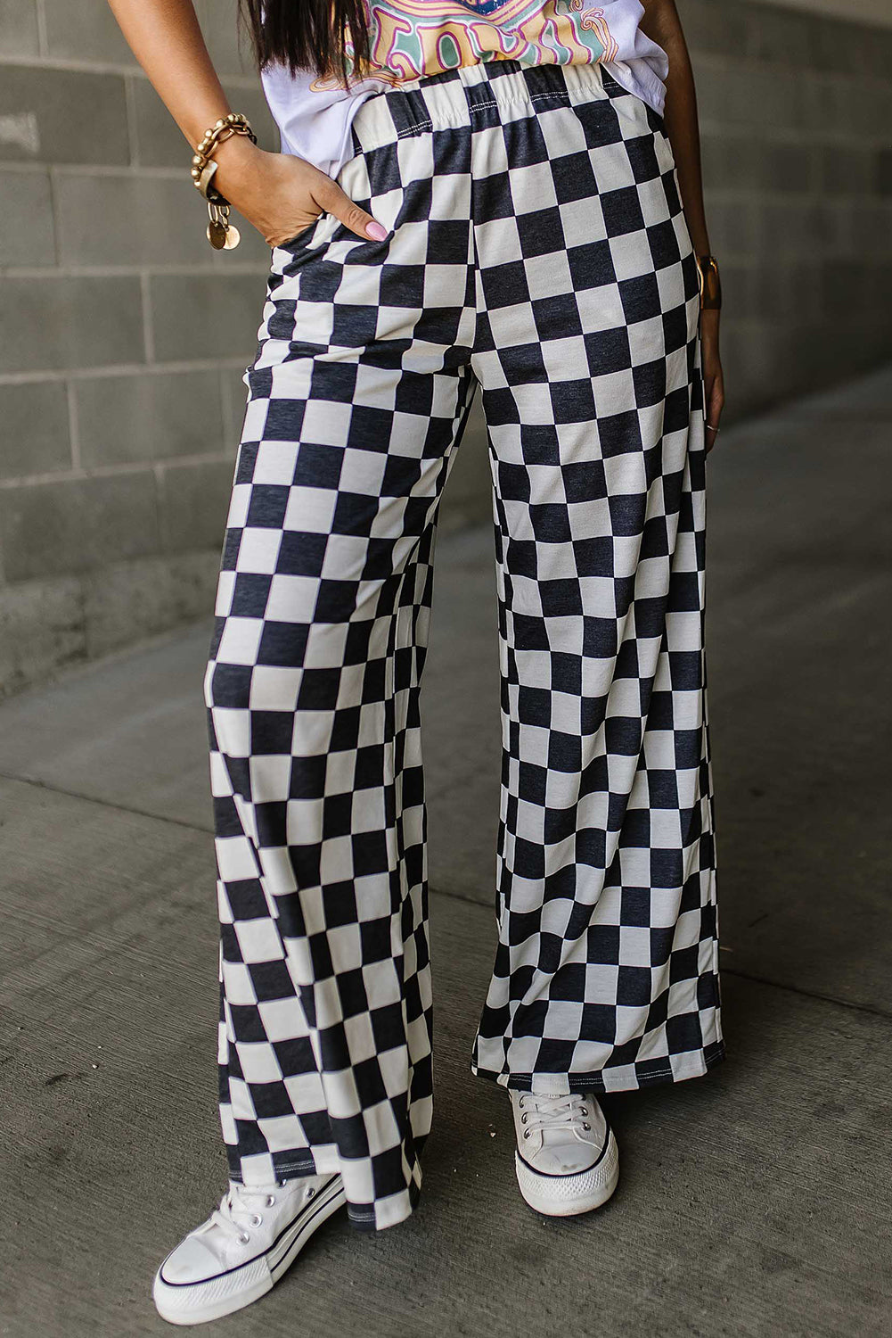 Black 2-Tone Checked Print High Waist Wide Leg Pants-Bottoms/Pants & Culotte-[Adult]-[Female]-Black-S-2022 Online Blue Zone Planet