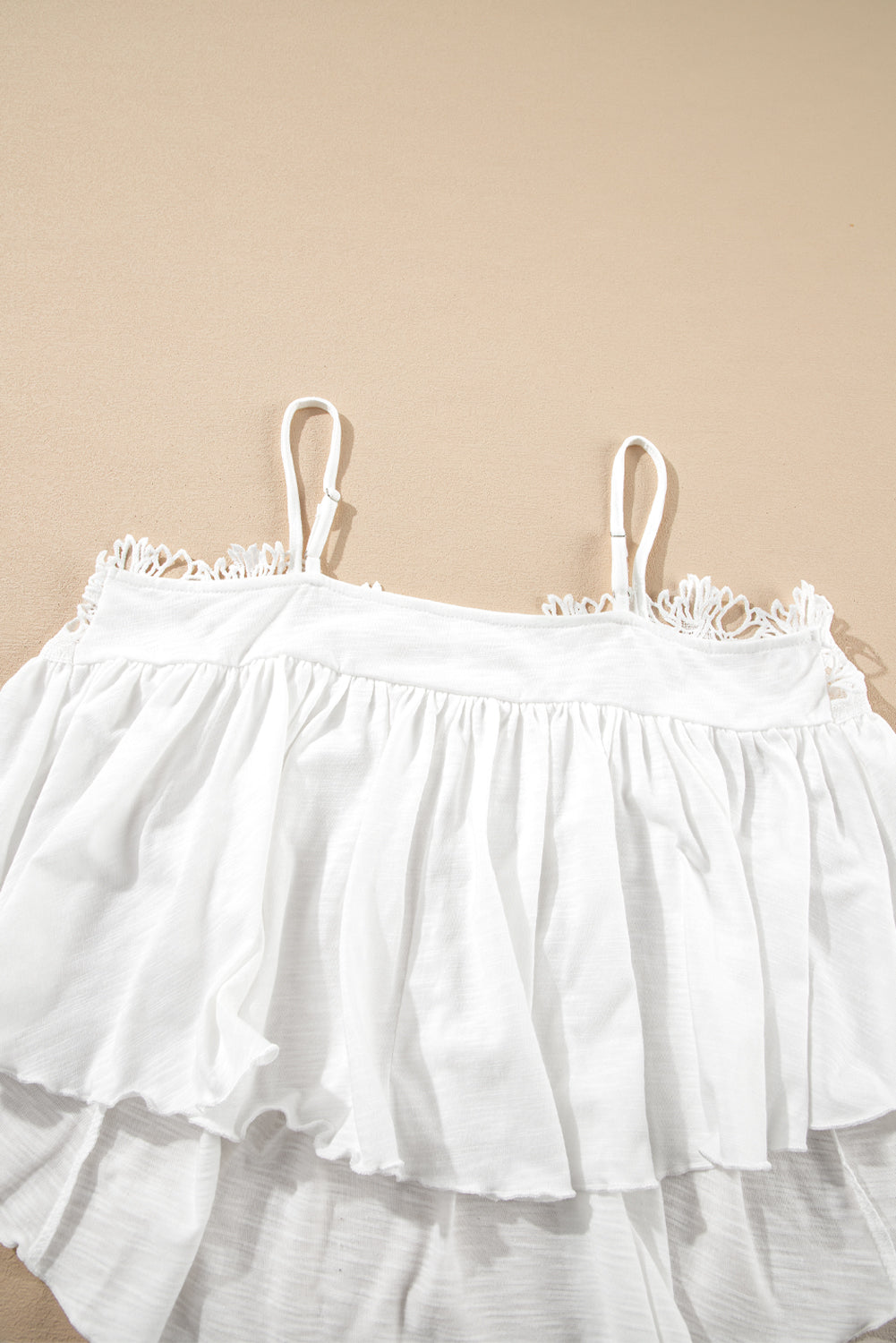 White Lace Splicing Spaghetti Straps Ruffle Flared Tank Top-Tops/Tank Tops-[Adult]-[Female]-2022 Online Blue Zone Planet