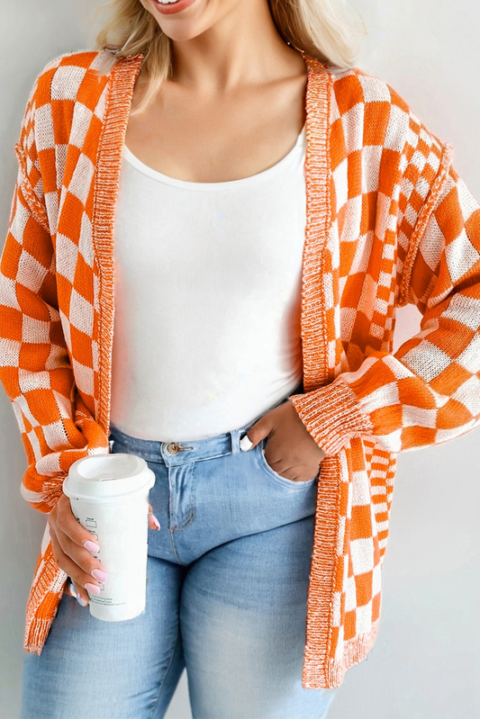 Orange Checkered Bubble Sleeve Drop Shoulder Open Cardigan-Plus Size/Plus Size Sweaters & Cardigans-[Adult]-[Female]-2022 Online Blue Zone Planet
