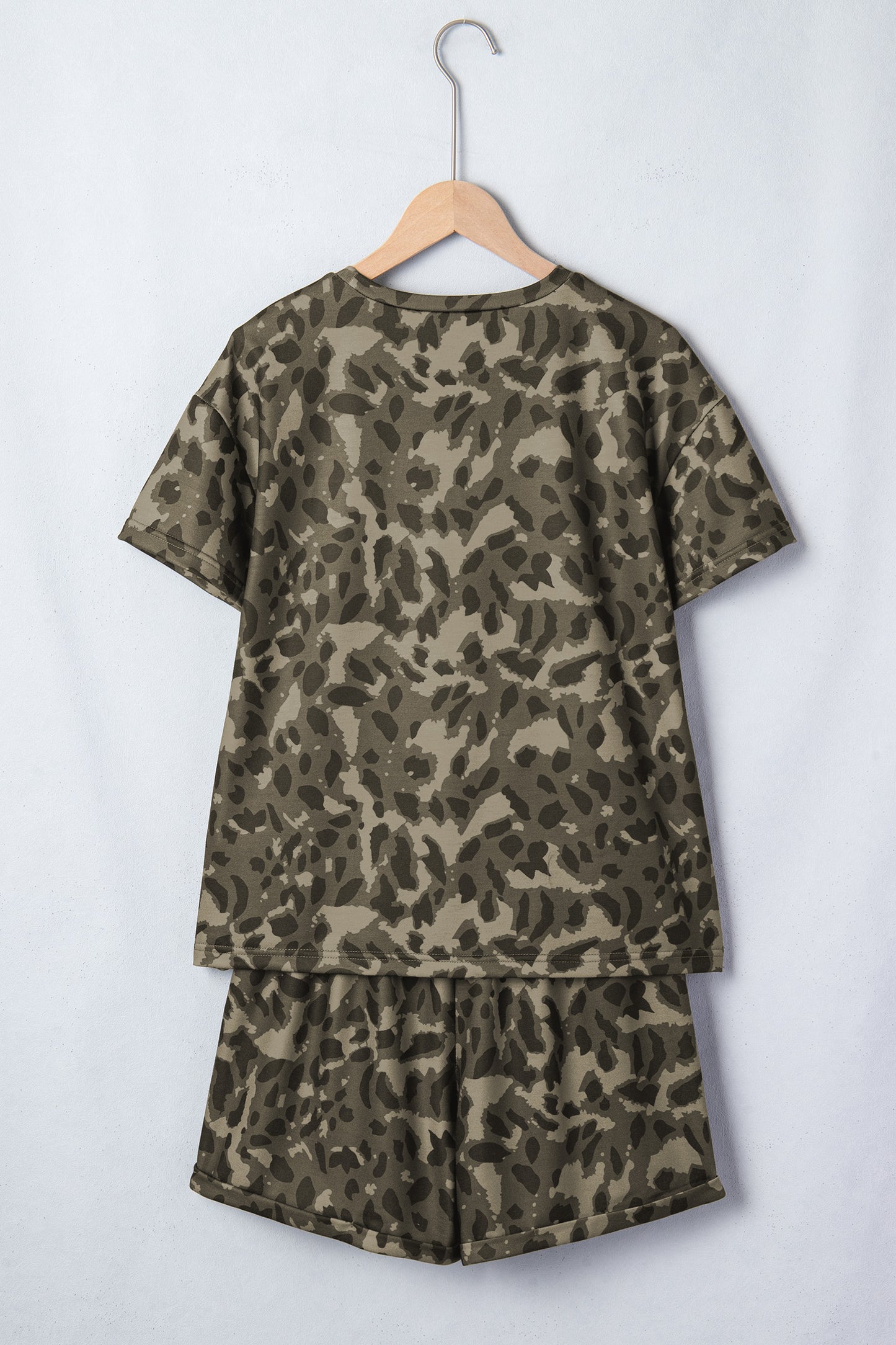 Brown Leopard Print Crew Neck Short Set-Two Piece Sets/Short Sets-[Adult]-[Female]-2022 Online Blue Zone Planet