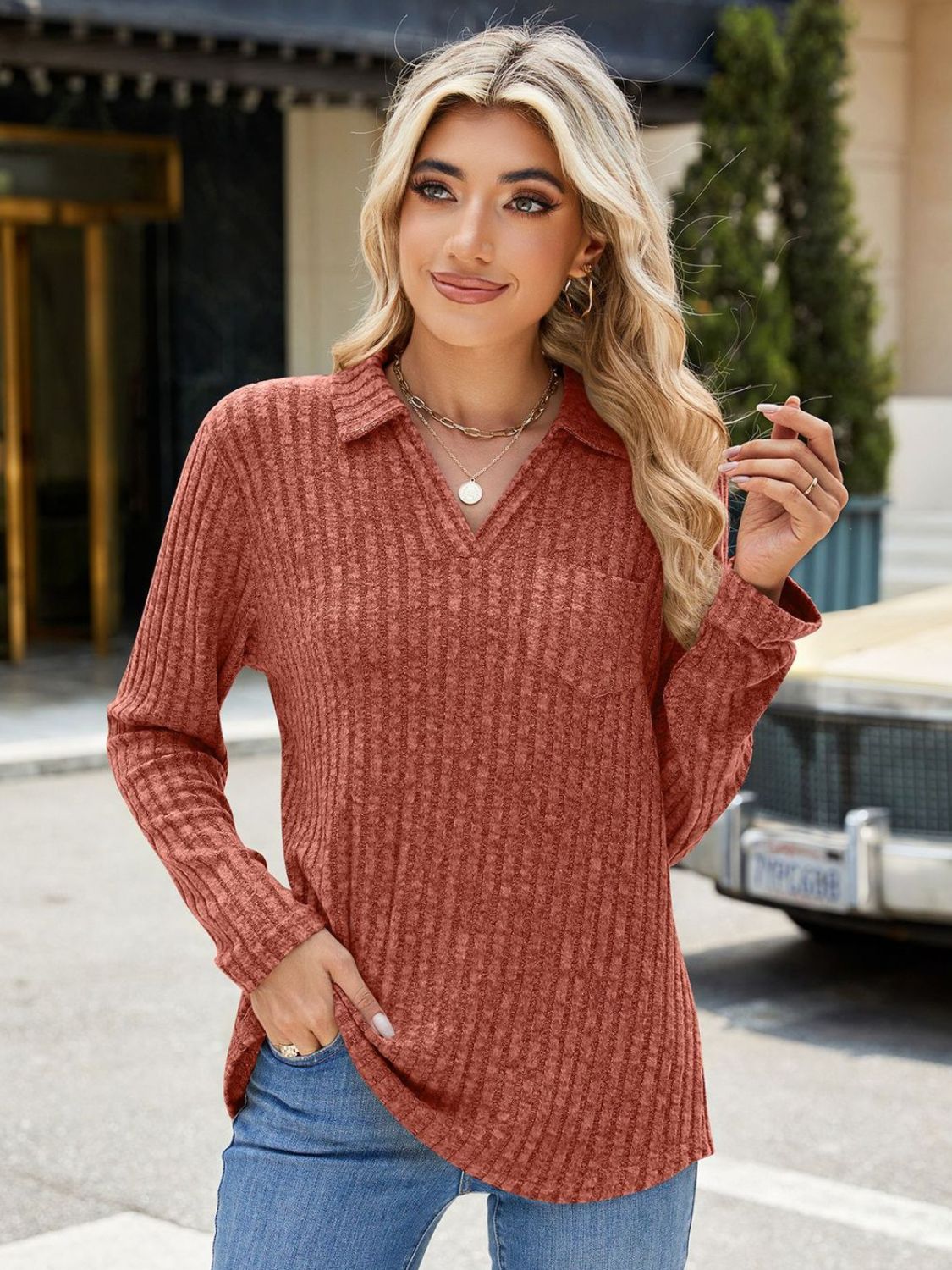 Ribbed Johnny Collar Long Sleeve T-Shirt-TOPS / DRESSES-[Adult]-[Female]-2022 Online Blue Zone Planet