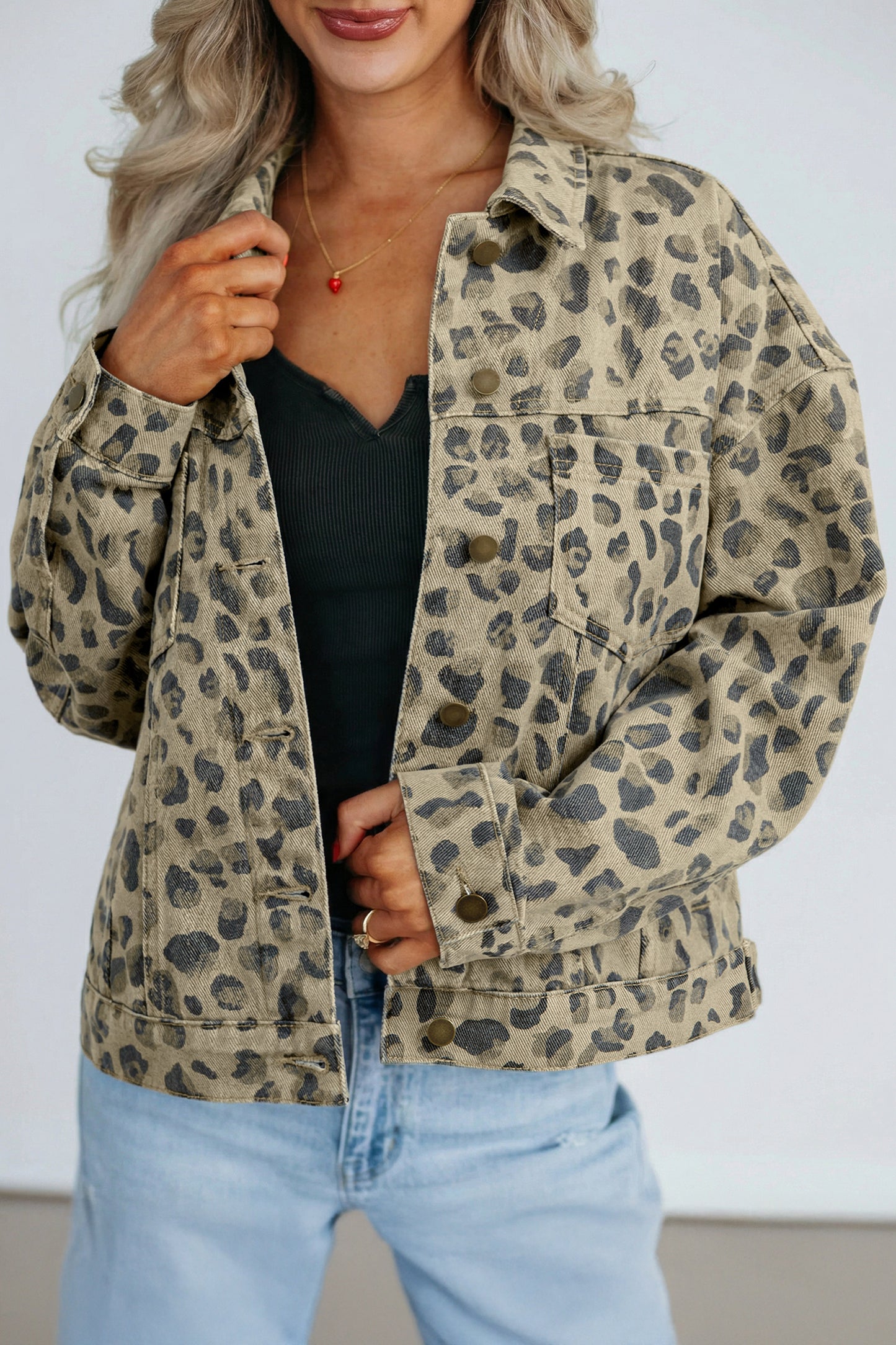 Khaki Retro Leopard Print Seam Detail Button Down Denim Jacket-Outerwear/Denim jackets-[Adult]-[Female]-2022 Online Blue Zone Planet