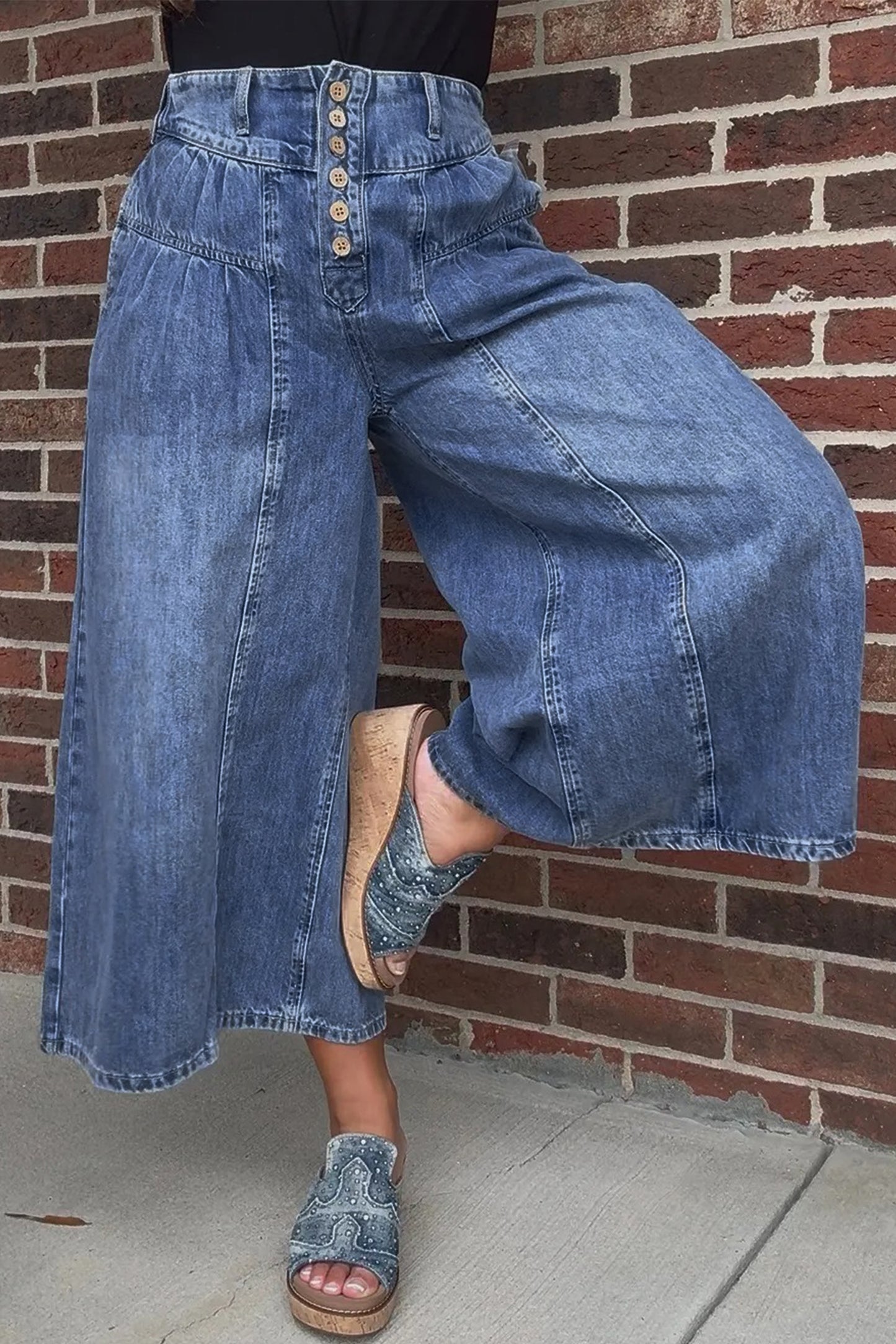 Dusk Blue High Rise Buttons Pleated Cropped Wide Leg Denim Pants-Bottoms/Jeans-[Adult]-[Female]-2022 Online Blue Zone Planet