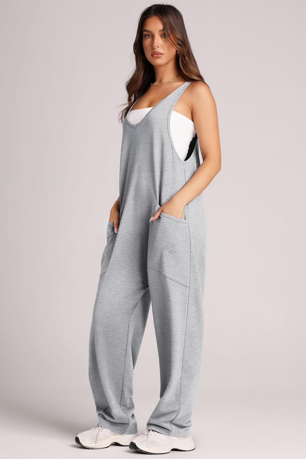 Blue Zone Planet | Wide Strap Jumpsuit with Pockets-TOPS / DRESSES-[Adult]-[Female]-Gray-S-2022 Online Blue Zone Planet