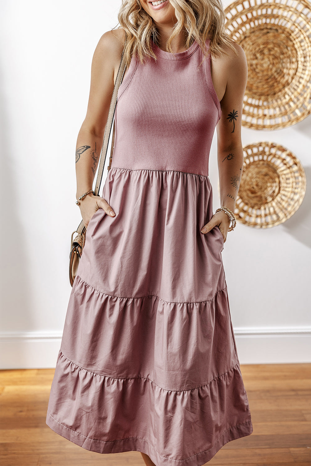 Sepia Rose Ribbed Vest Patchwork Tiered Midi Dress with Pockets-TOPS / DRESSES-[Adult]-[Female]-2022 Online Blue Zone Planet