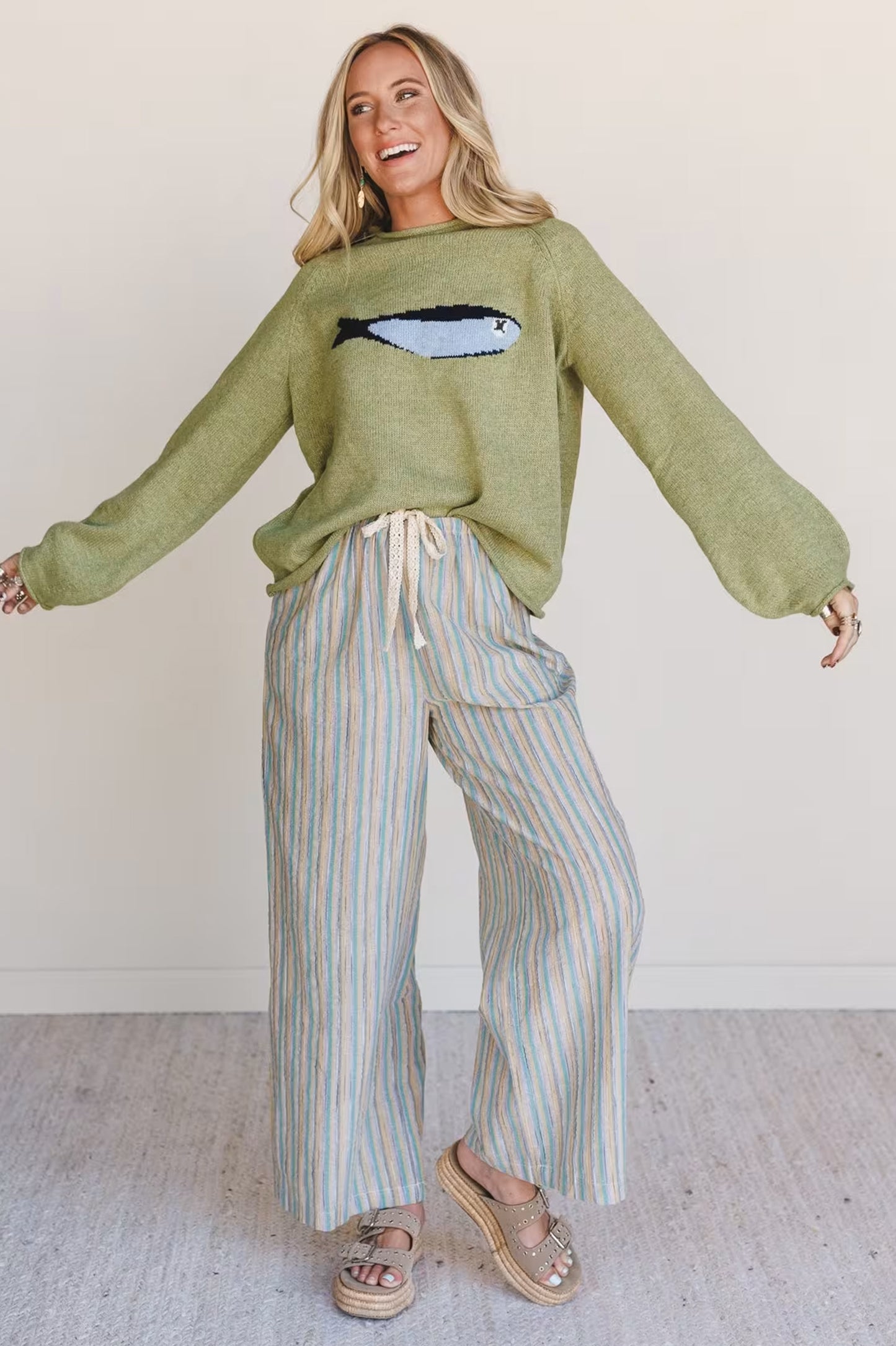 Meadow Mist Green Unique Fish Knit Oversized Round Neck Sweater