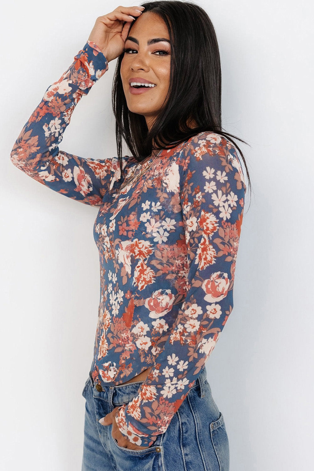 Orchid Petal Allover Floral Print Mesh Long Sleeve Top-Long Sleeve Tops-[Adult]-[Female]-2022 Online Blue Zone Planet