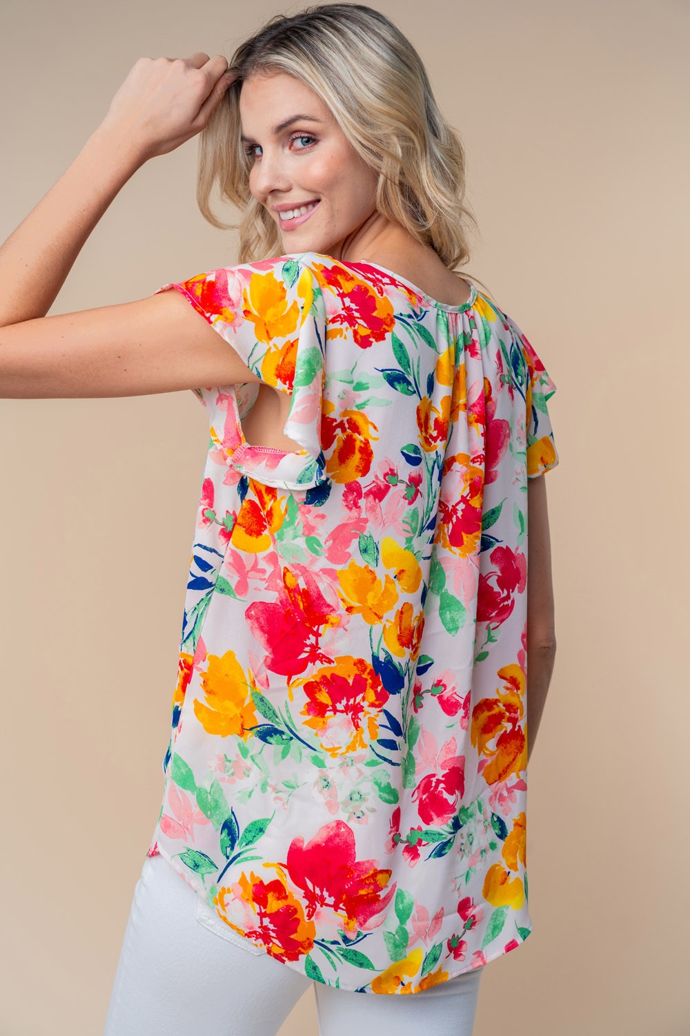 Blue Zone Planet | White Birch Full Size Short Sleeve Floral Woven Top-TOPS / DRESSES-[Adult]-[Female]-2022 Online Blue Zone Planet