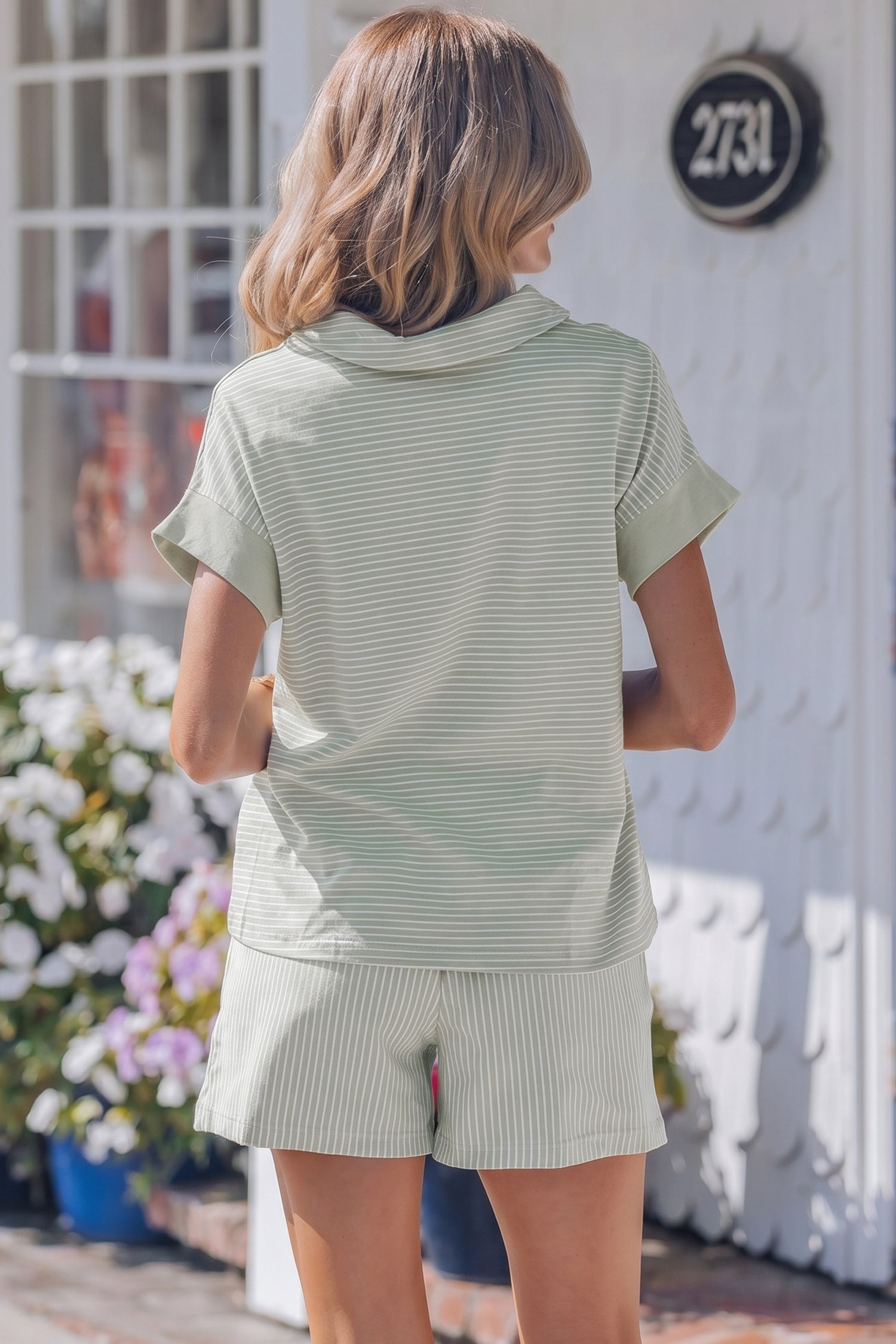 Khaki Stripe Dolman Sleeve Polo Shirt and Drawstring Shorts Set-Two Piece Sets/Short Sets-[Adult]-[Female]-2022 Online Blue Zone Planet