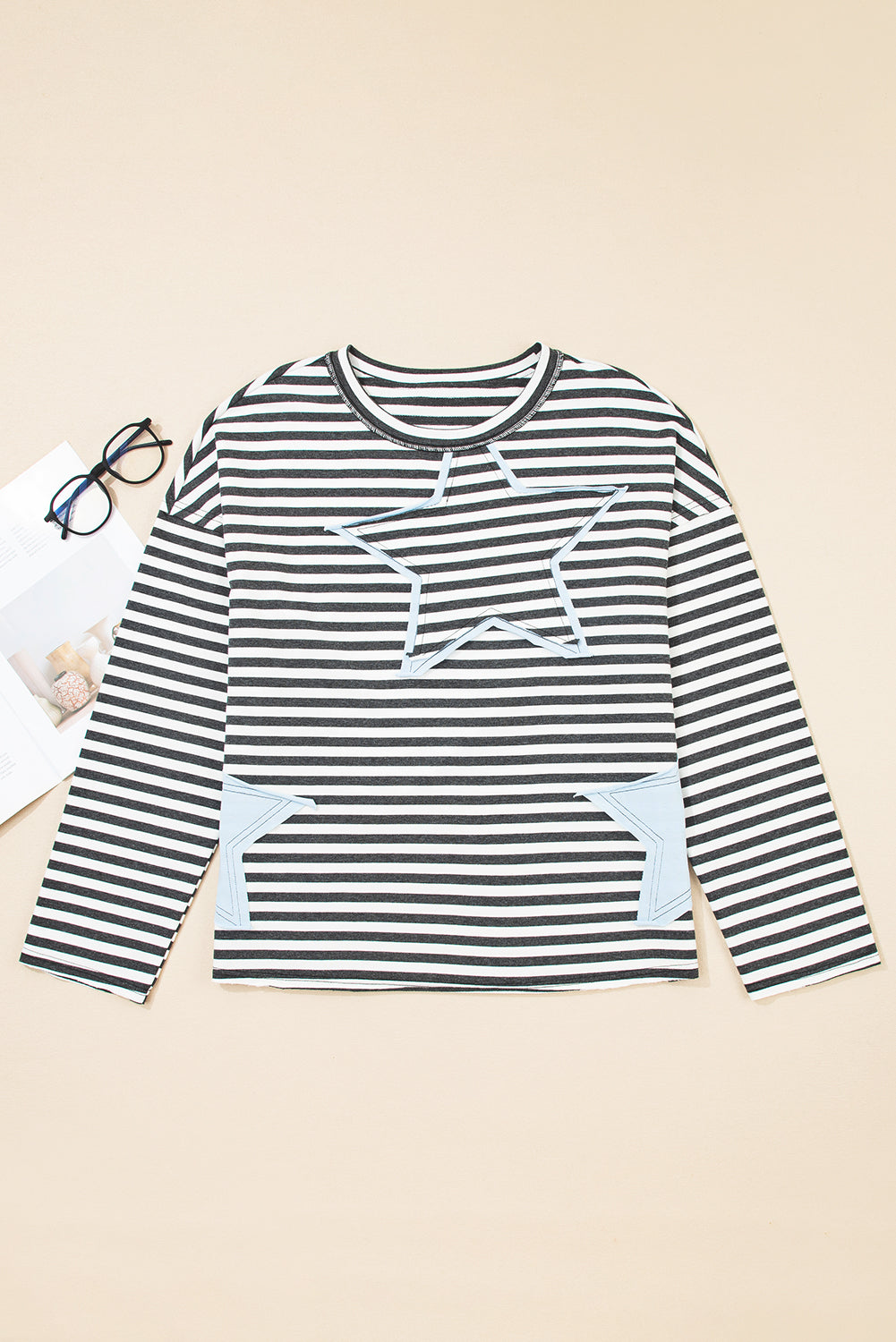 Gray Stripe Starry Patch Drop Shoulder Raw Edge Casual Knit Top-Tops/Sweatshirts & Hoodies-[Adult]-[Female]-2022 Online Blue Zone Planet