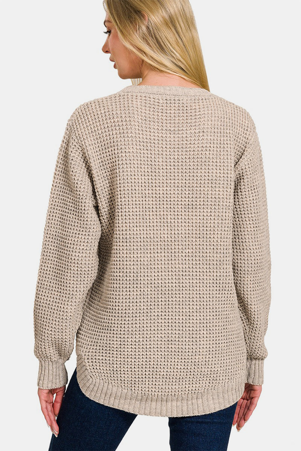 Zenana High Low Long Sleeve Waffle Sweater-TOPS / DRESSES-[Adult]-[Female]-2022 Online Blue Zone Planet