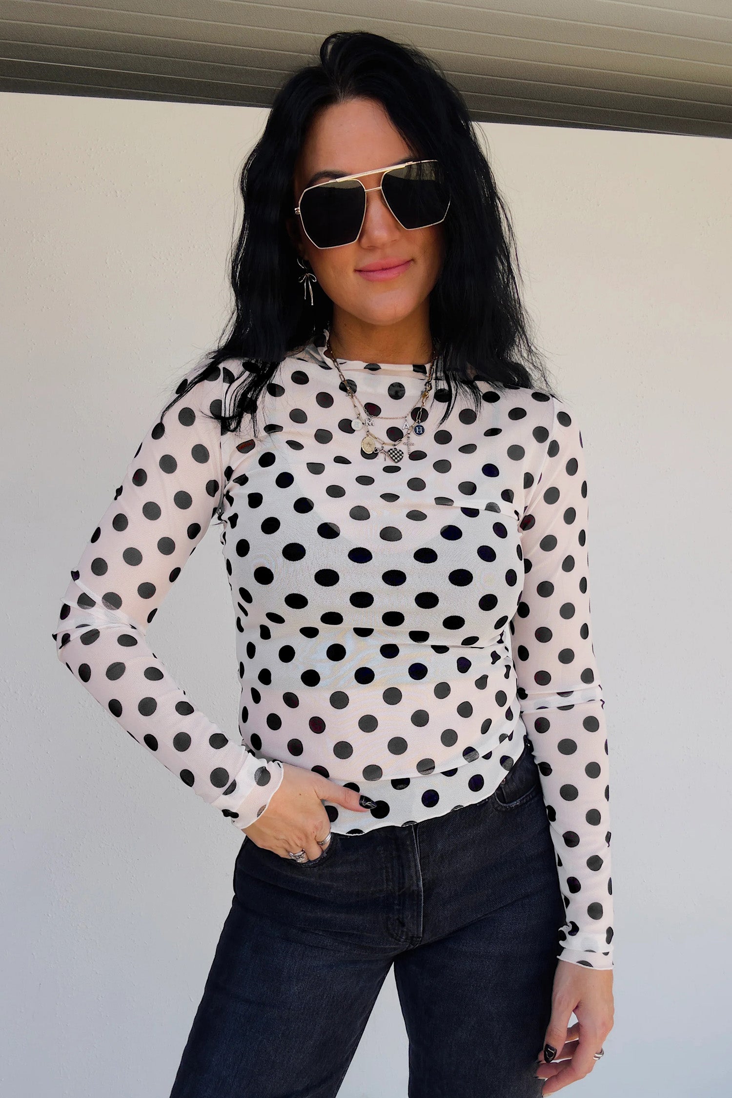 White Polka Dot Sheer Long Sleeve Round Neck Slim Top-Tops/Long Sleeve Tops-[Adult]-[Female]-2022 Online Blue Zone Planet