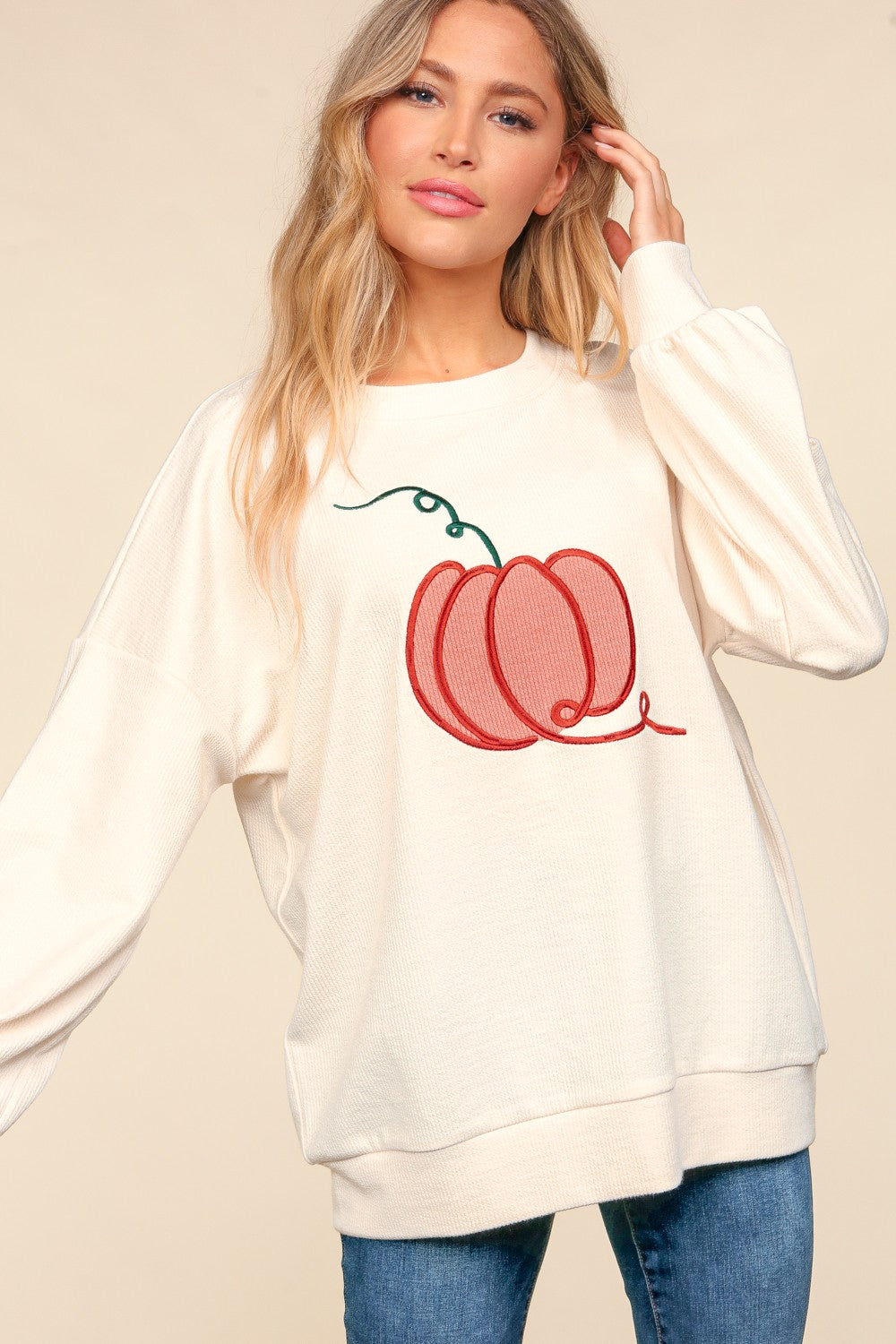 Blue Zone Planet | Haptics Full Size Embroidery Pumpkin Long Sleeve Knit Top-TOPS / DRESSES-[Adult]-[Female]-2022 Online Blue Zone Planet