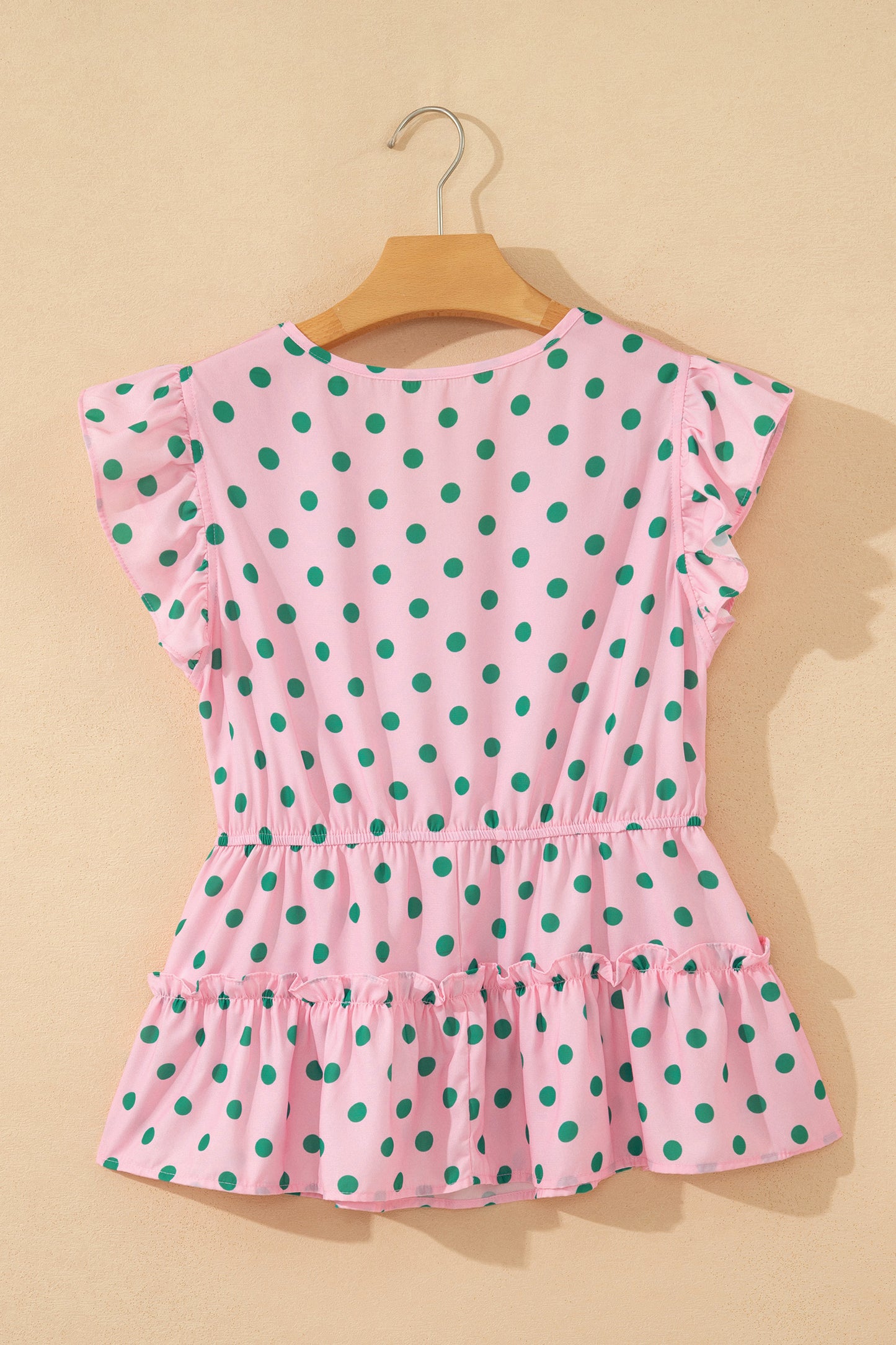 Pink V Neck Polka Dot Print Drawstring Tiered Babydoll Blouse-Tops/Blouses & Shirts-[Adult]-[Female]-2022 Online Blue Zone Planet