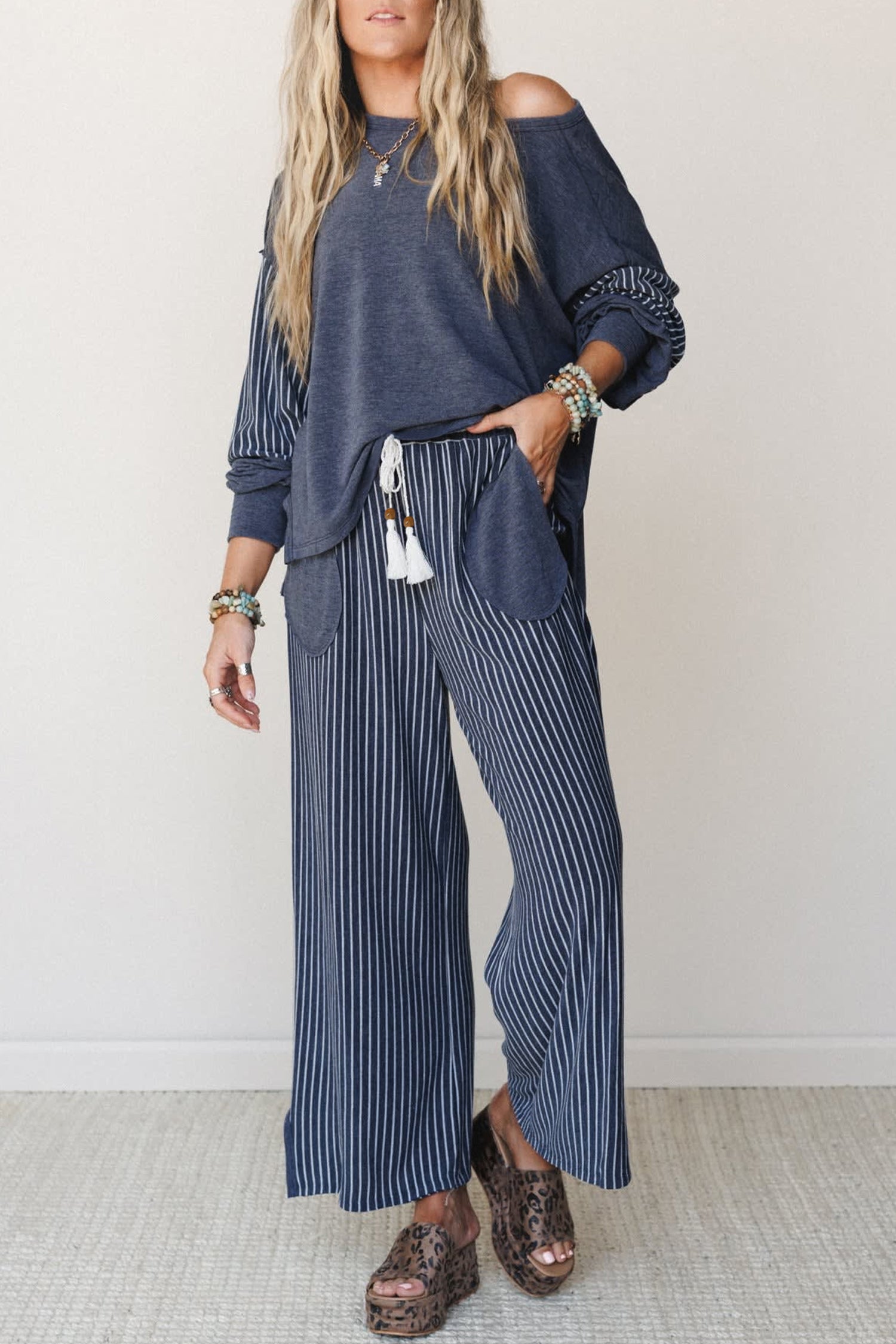 Real Teal Raw Seam Patchwork Long Sleeve Top Pocket Casual Pants 2pcs Set-Two Piece Sets/Pant Sets-[Adult]-[Female]-Real Teal-S-2022 Online Blue Zone Planet