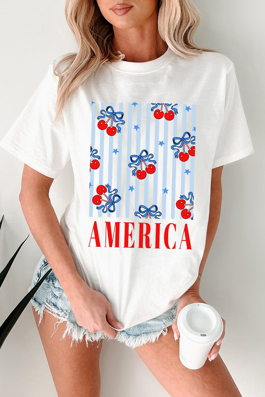 White Bow Cherry America Graphic Crewneck Patriotic T Shirt-Graphic/Graphic Tees-[Adult]-[Female]-White-S-2022 Online Blue Zone Planet
