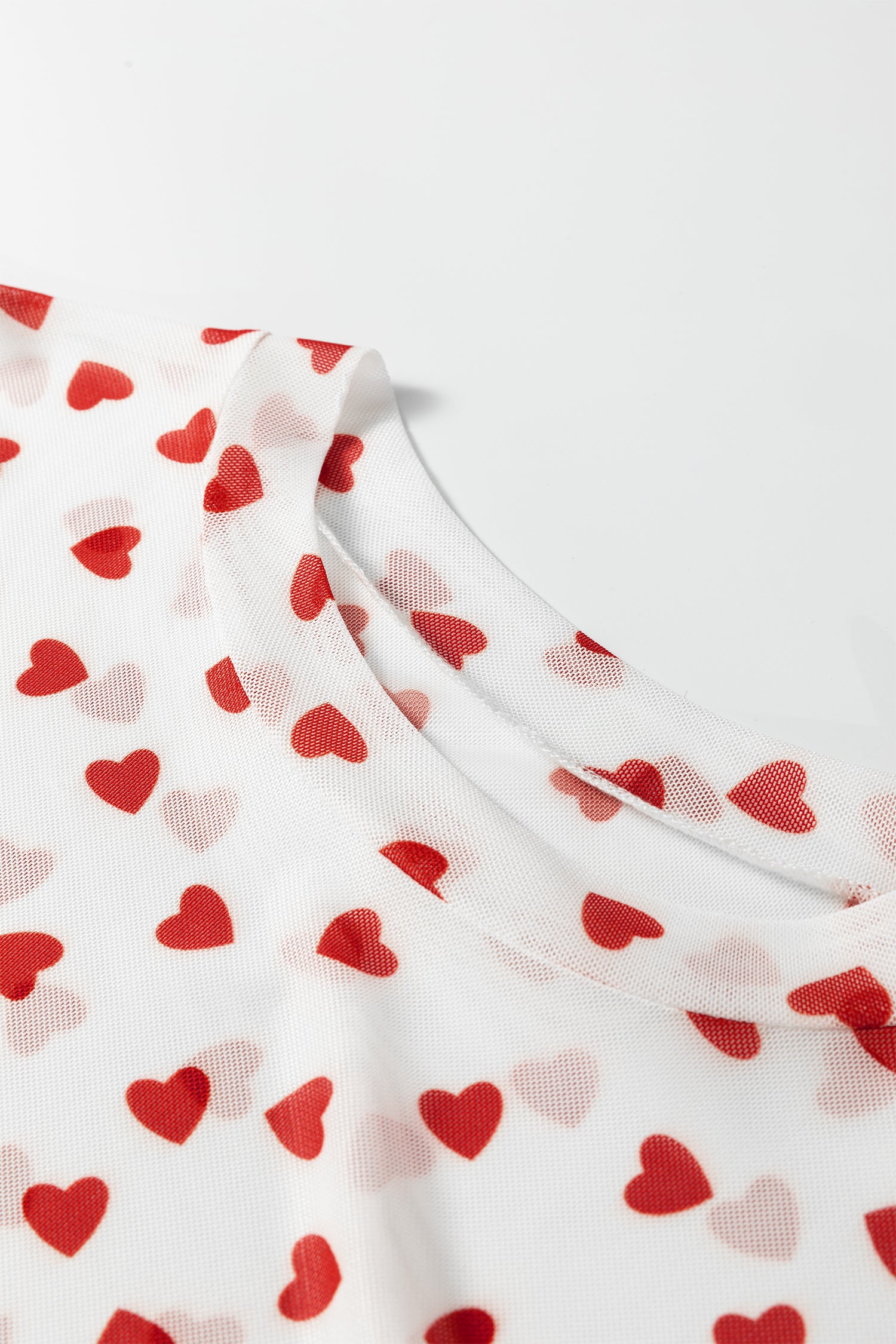 Red Allover Heart Print Mesh Short Sleeve Top-Tops/Tops & Tees-[Adult]-[Female]-2022 Online Blue Zone Planet
