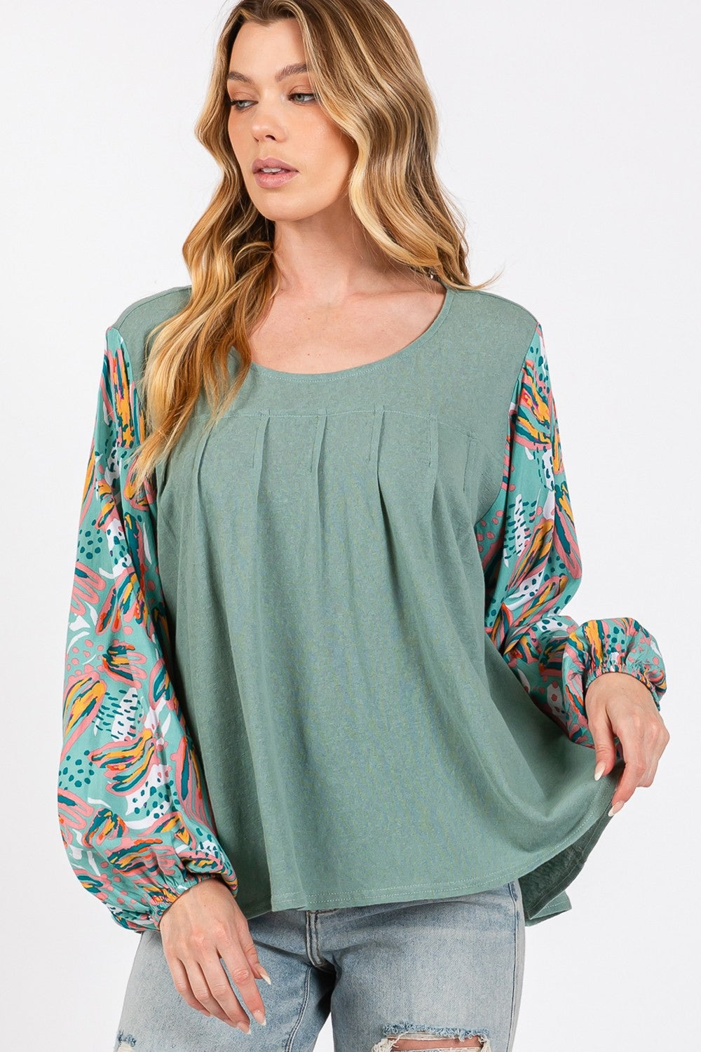 SAGE + FIG Ruched Round Neck Printed Bubble Sleeve Top-TOPS / DRESSES-[Adult]-[Female]-2022 Online Blue Zone Planet