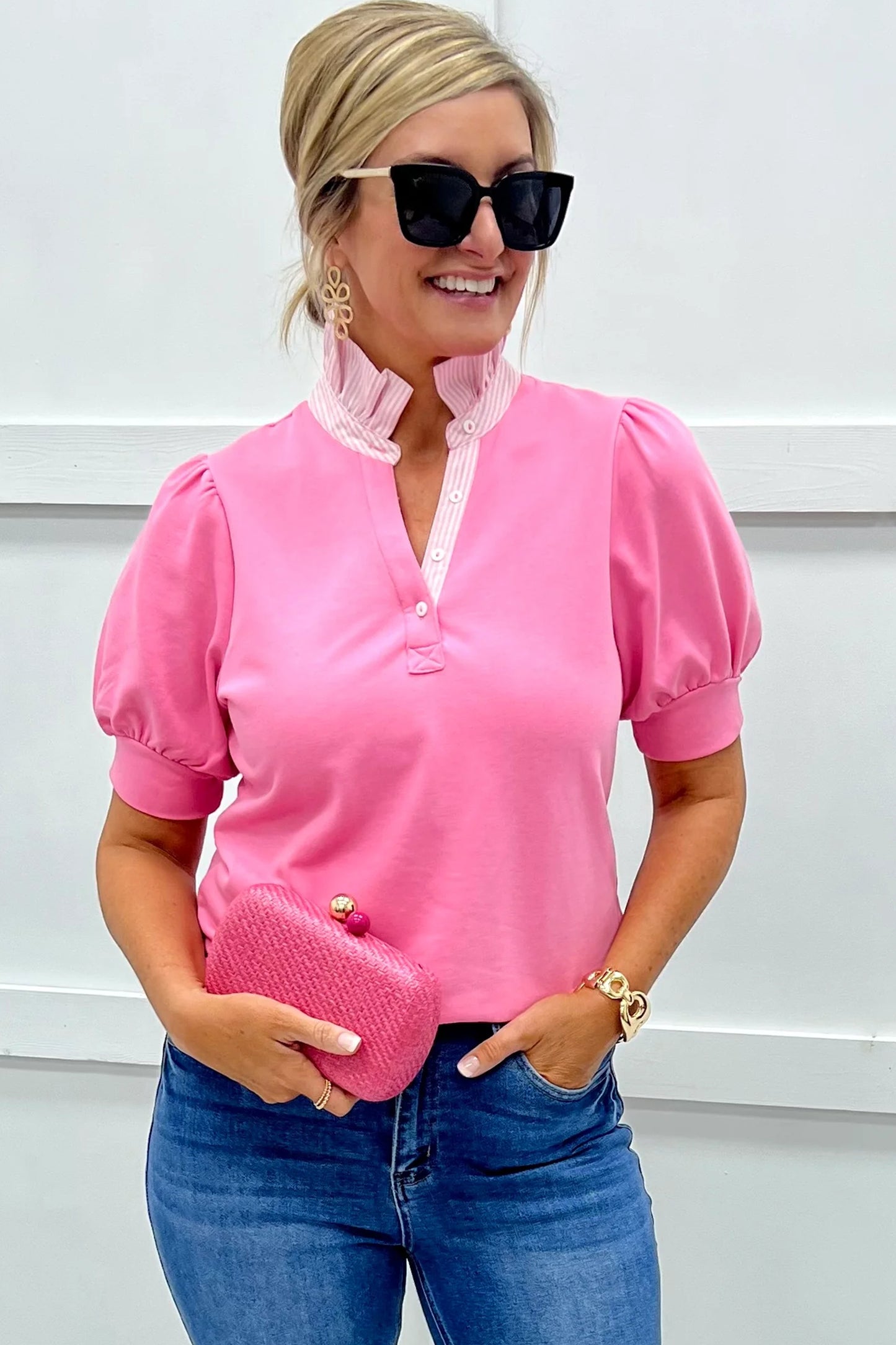 Sachet Pink Striped Frilled Collar Short Sleeve Blouse-Tops/Blouses & Shirts-[Adult]-[Female]-2022 Online Blue Zone Planet