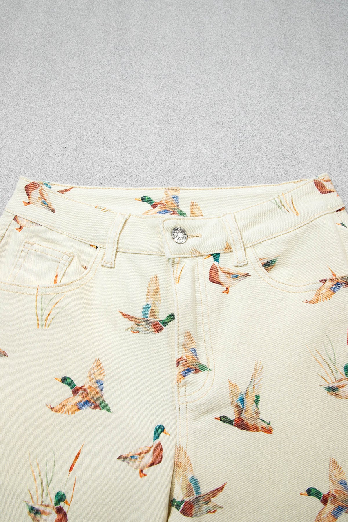 Beige Stylish Mallard Printed Cuffed Hem Shift Jeans-Bottoms/Jeans-[Adult]-[Female]-2022 Online Blue Zone Planet